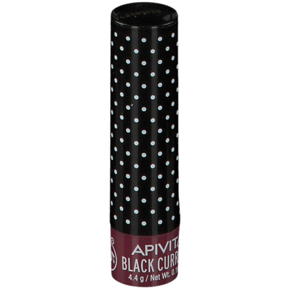 Stick balsamo labbra. Tappo nero a pois bianchi. Scritta: APIVITA BLACK CURRANT. 4,4 g / Peso netto 0,16 oz.