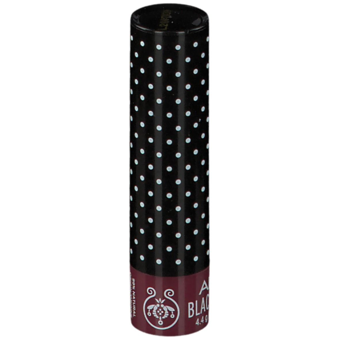 Stick balsamo labbra. Tappo nero a pois bianchi. Scritta: APIVITA BLACK CURRANT. 4,4 g / Peso netto 0,16 oz.