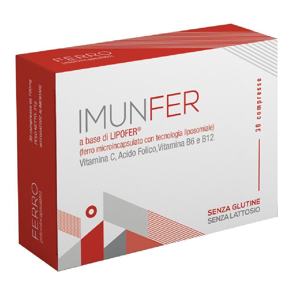 Scatola di Imunfer. Contiene 30 compresse. Scritto: a base di LIPOFER, vitamina C, acido folico, vitamina B6 e B12. Senza glutine, senza lattosio.