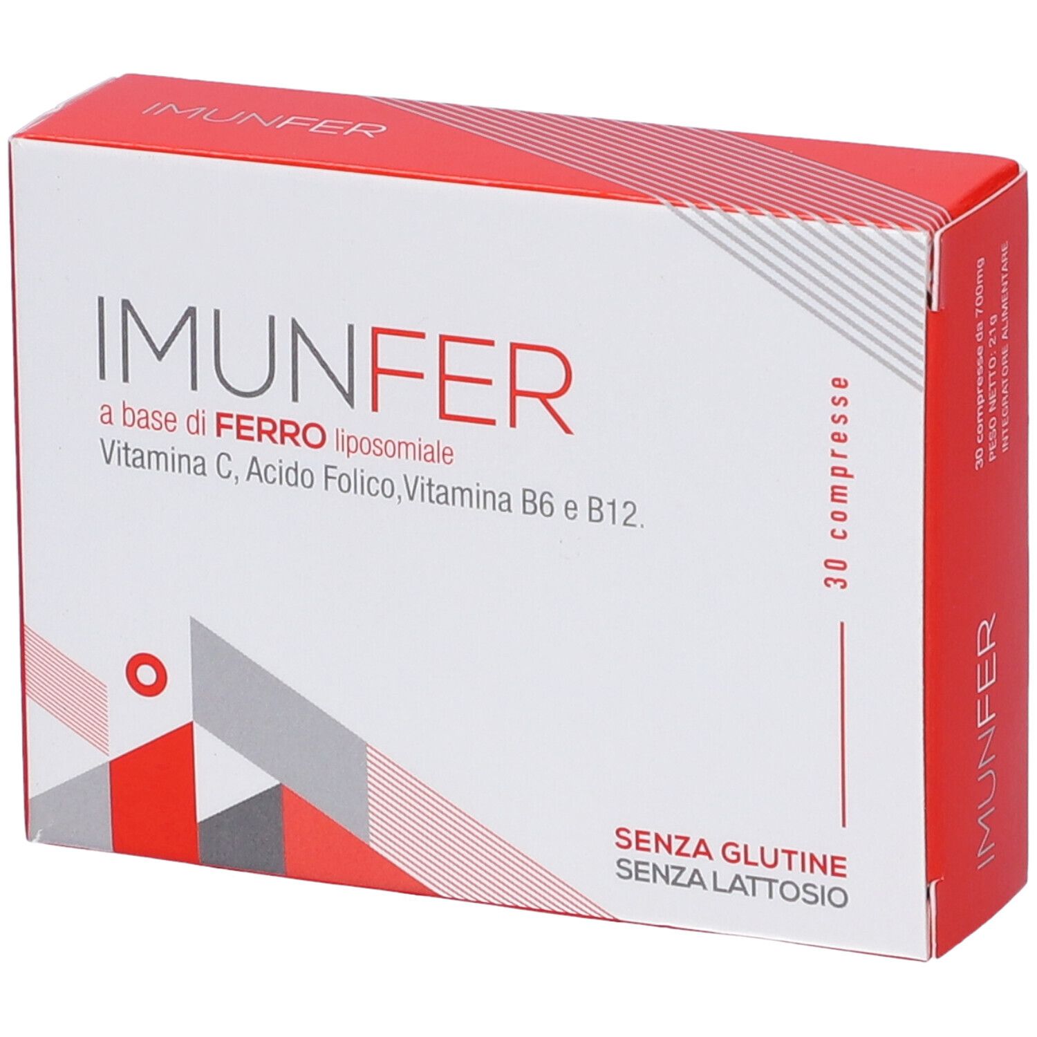 Scatola di Imunfer. Contiene 30 compresse. Scritto: a base di FERRO liposomiale, vitamina C, acido folico, vitamina B6 e B12. Senza glutine, senza lattosio.