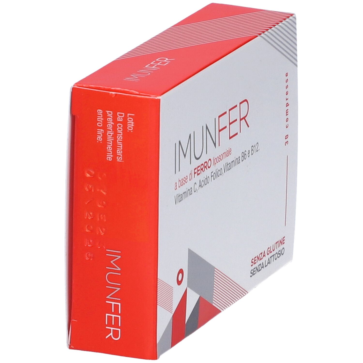 Scatola di Imunfer. Contiene 30 compresse. Scritto: a base di FERRO liposomiale, vitamina C, acido folico, vitamina B6 e B12. Senza glutine, senza lattosio.