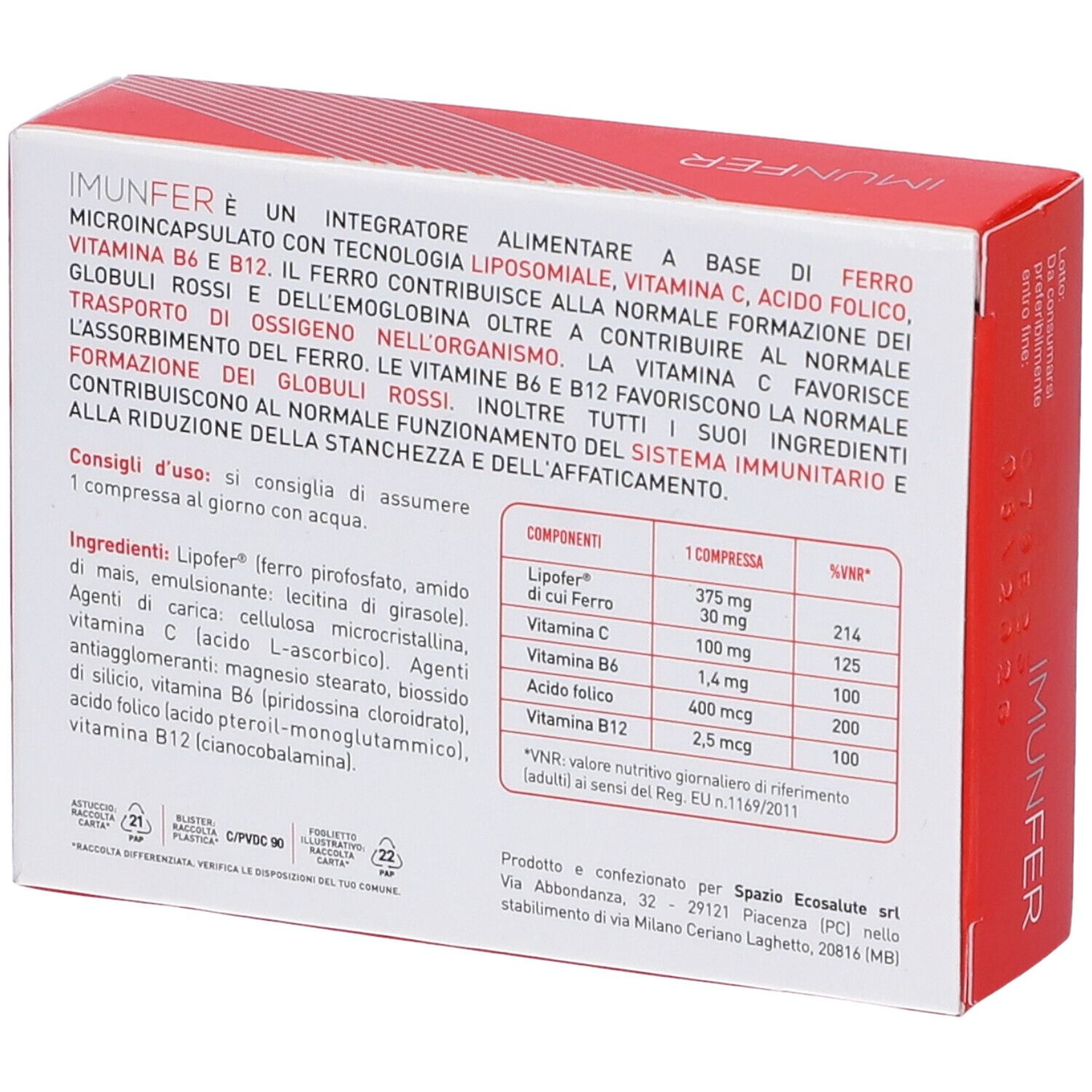 Retro della confezione Imunfer. Contiene informazioni sugli ingredienti e i valori nutrizionali. Contiene 30 compresse. Scritto: a base di FERRO liposomiale.