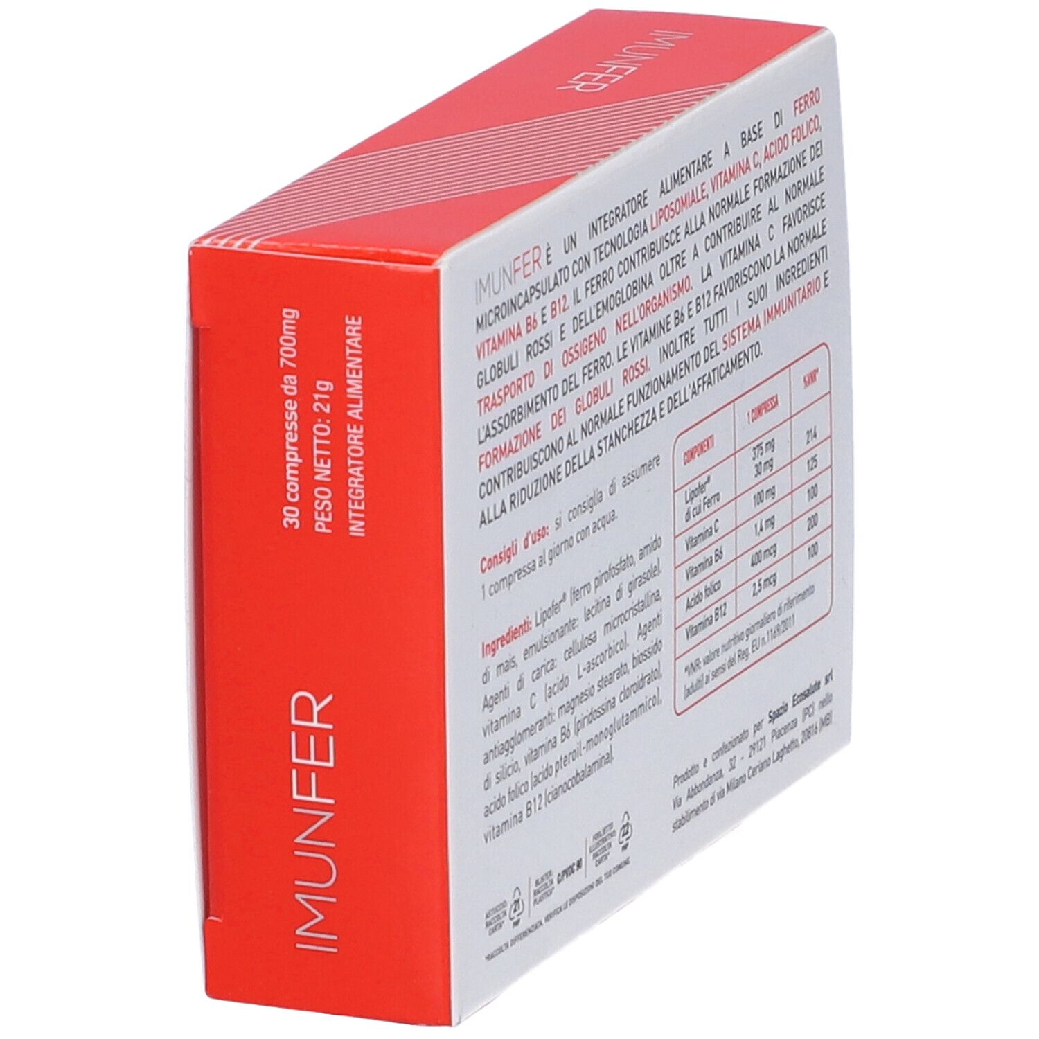 Vista laterale della confezione Imunfer. Contiene 30 compresse. Scritto: 30 compresse da 700mg. Peso 21g. Contiene informazioni sugli ingredienti.