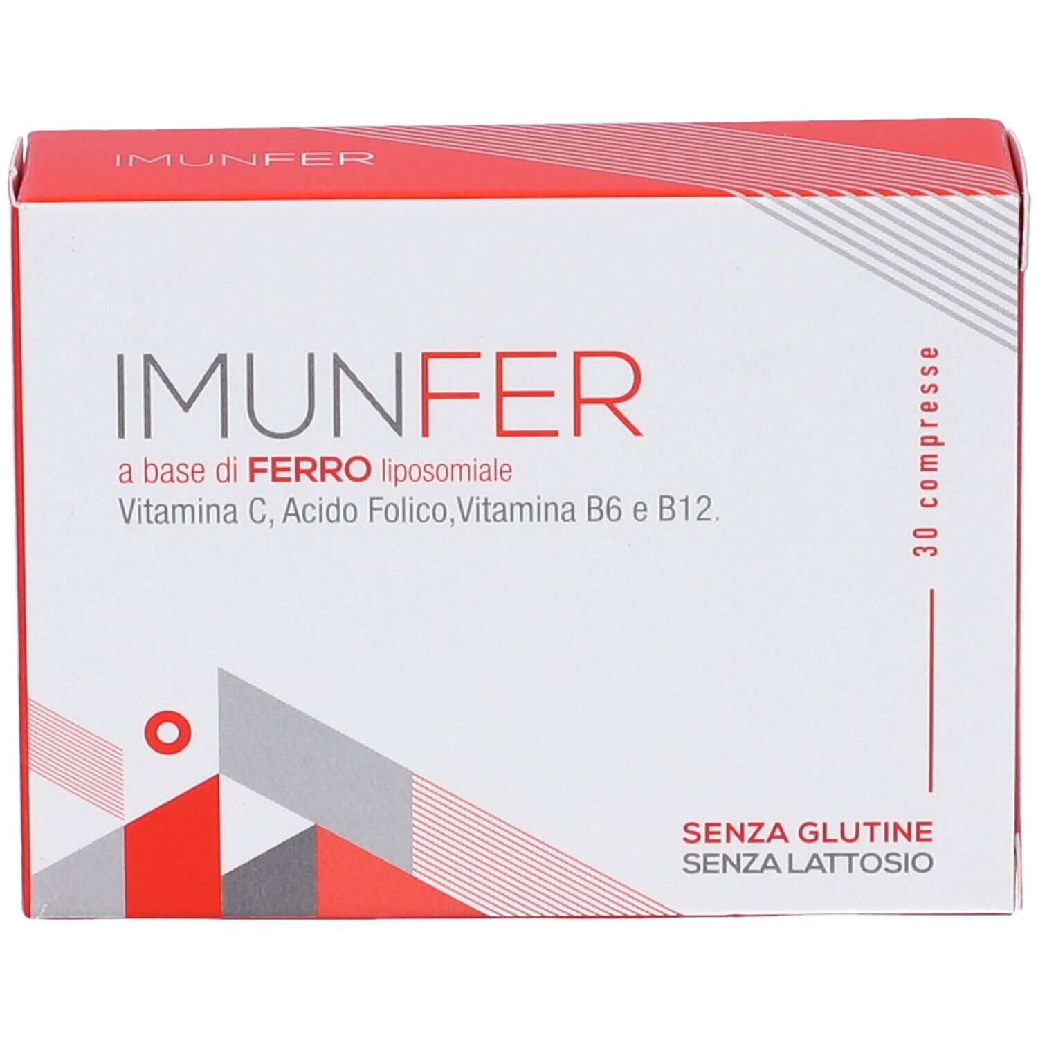 Scatola di Imunfer. Contiene 30 compresse. Scritto: a base di FERRO liposomiale, vitamina C, acido folico, vitamina B6 e B12. Senza glutine, senza lattosio.