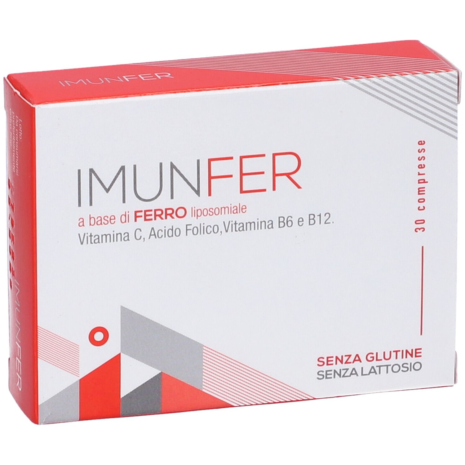 Scatola di Imunfer. Contiene 30 compresse. Scritto: a base di FERRO liposomiale, vitamina C, acido folico, vitamina B6 e B12. Senza glutine, senza lattosio.