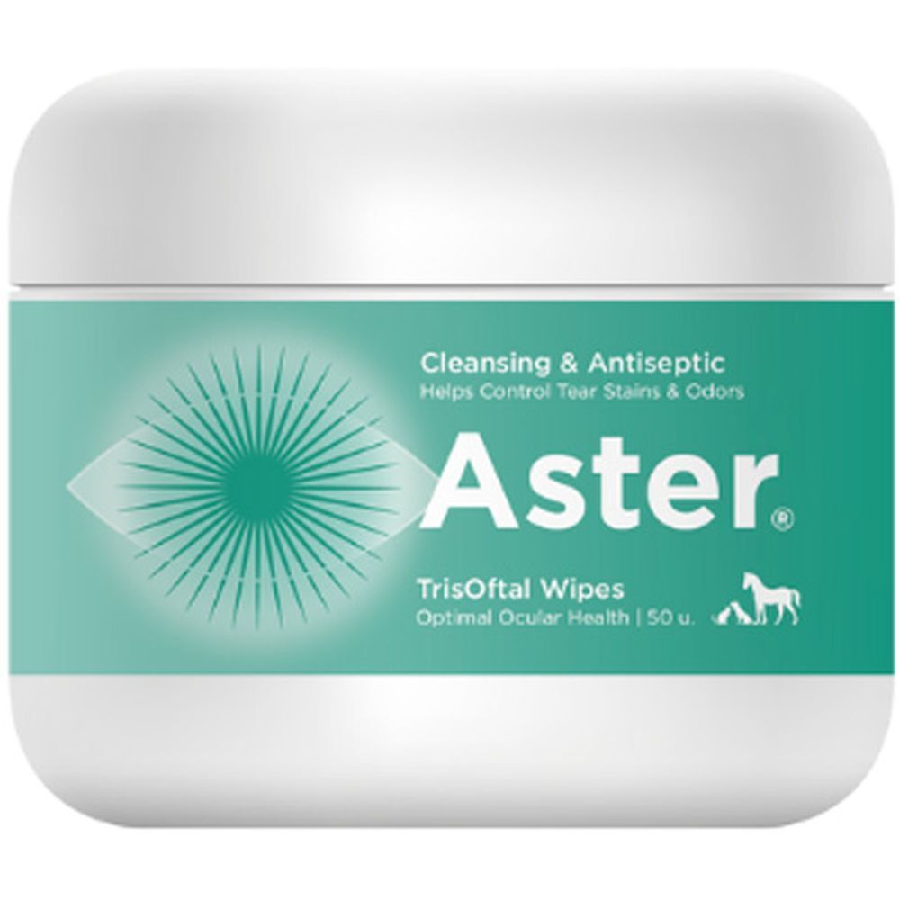 Contenitore bianco con etichetta verde. Scritta: Aster TrisOftal Wipes, 50 u. Salviette detergenti e antisettiche.