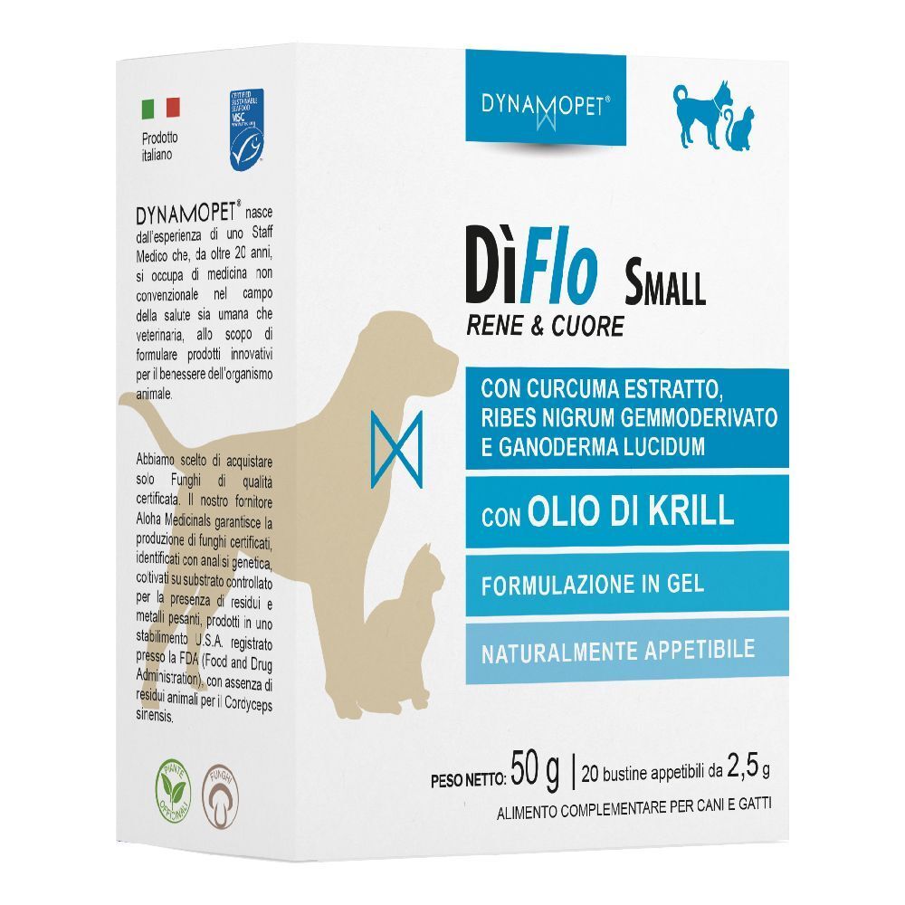 Scatola DiFlo Small, 20 bustine. Contiene estratto di curcuma, olio di krill. Per cani e gatti. Marchio Dynamopet. Ingredienti visibili.