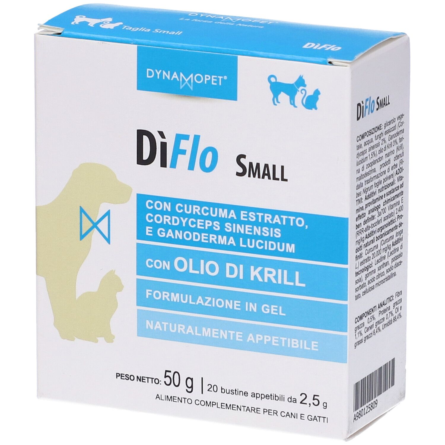 Scatola blu DiFlo Small, 20 bustine. Contiene estratto di curcuma, olio di krill. Per cani e gatti. Marchio Dynamopet. Informazioni prodotto.