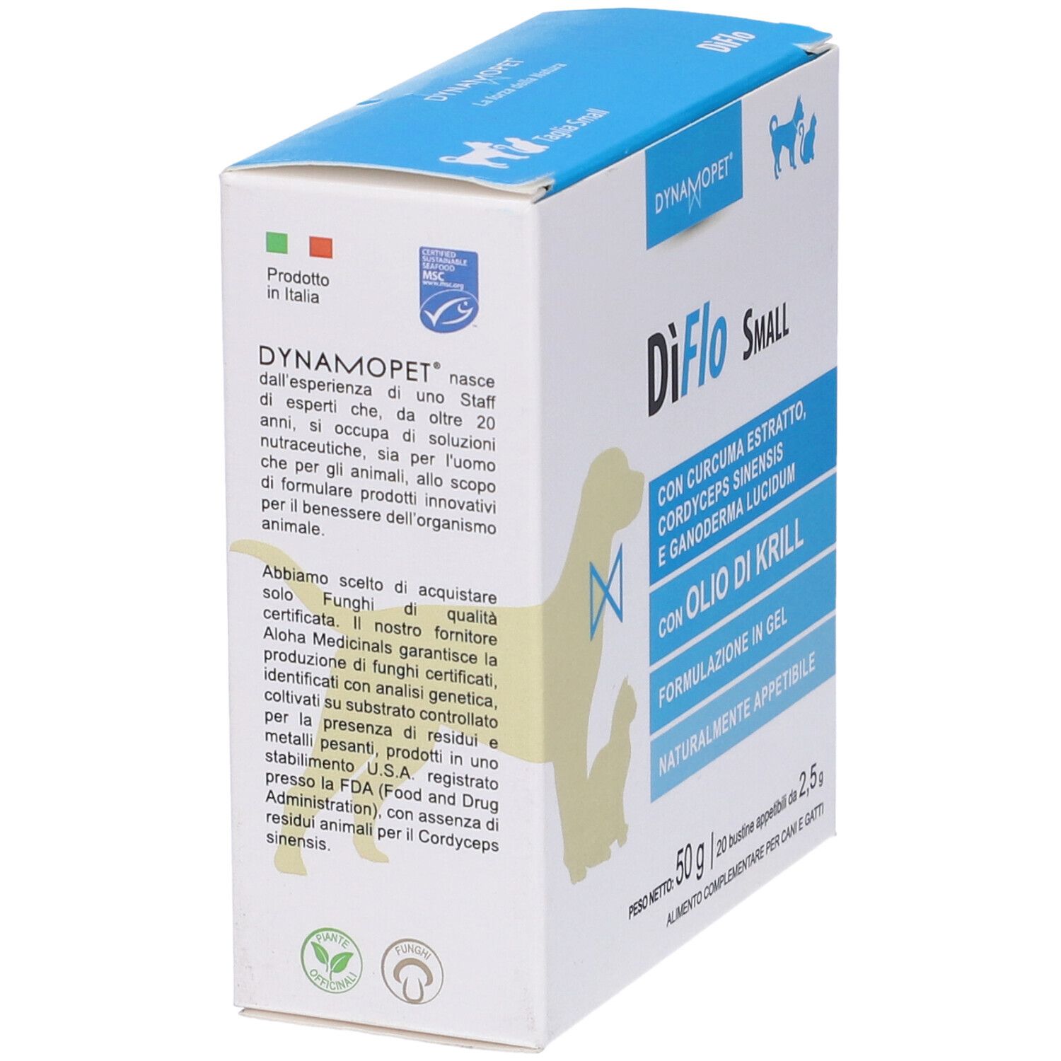 Scatola DiFlo Small. Contiene estratto di curcuma, olio di krill. Per cani e gatti. Marchio Dynamopet. Informazioni prodotto sulla confezione.