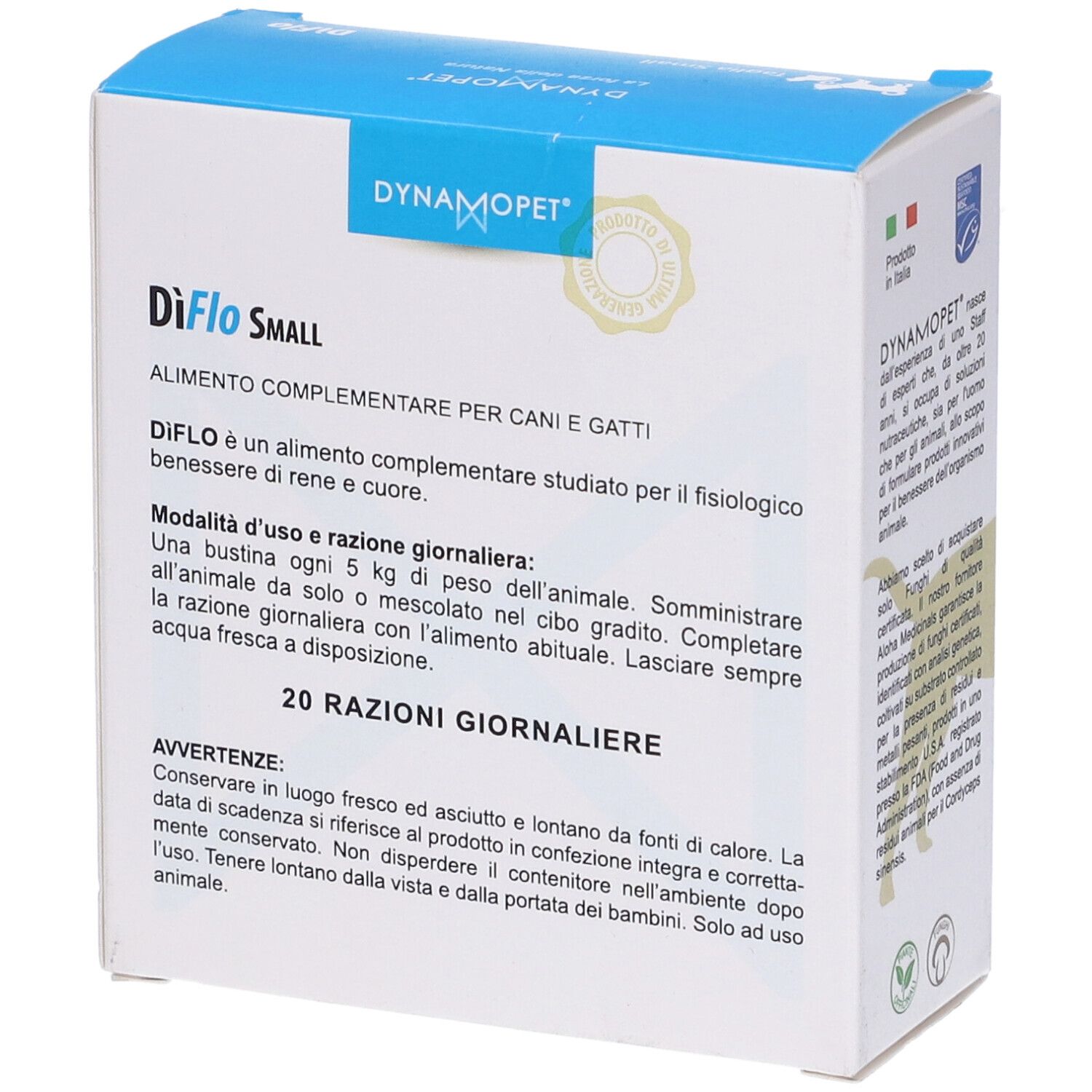 Retro della confezione DiFlo Small. Informazioni sull'uso e ingredienti. Per cani e gatti. 20 razioni giornaliere.