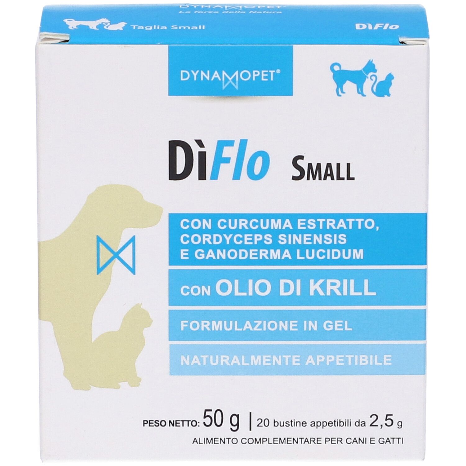 Scatola DiFlo Small. Contiene estratto di curcuma, olio di krill. Per cani e gatti. Marchio Dynamopet. 20 bustine, 50g.