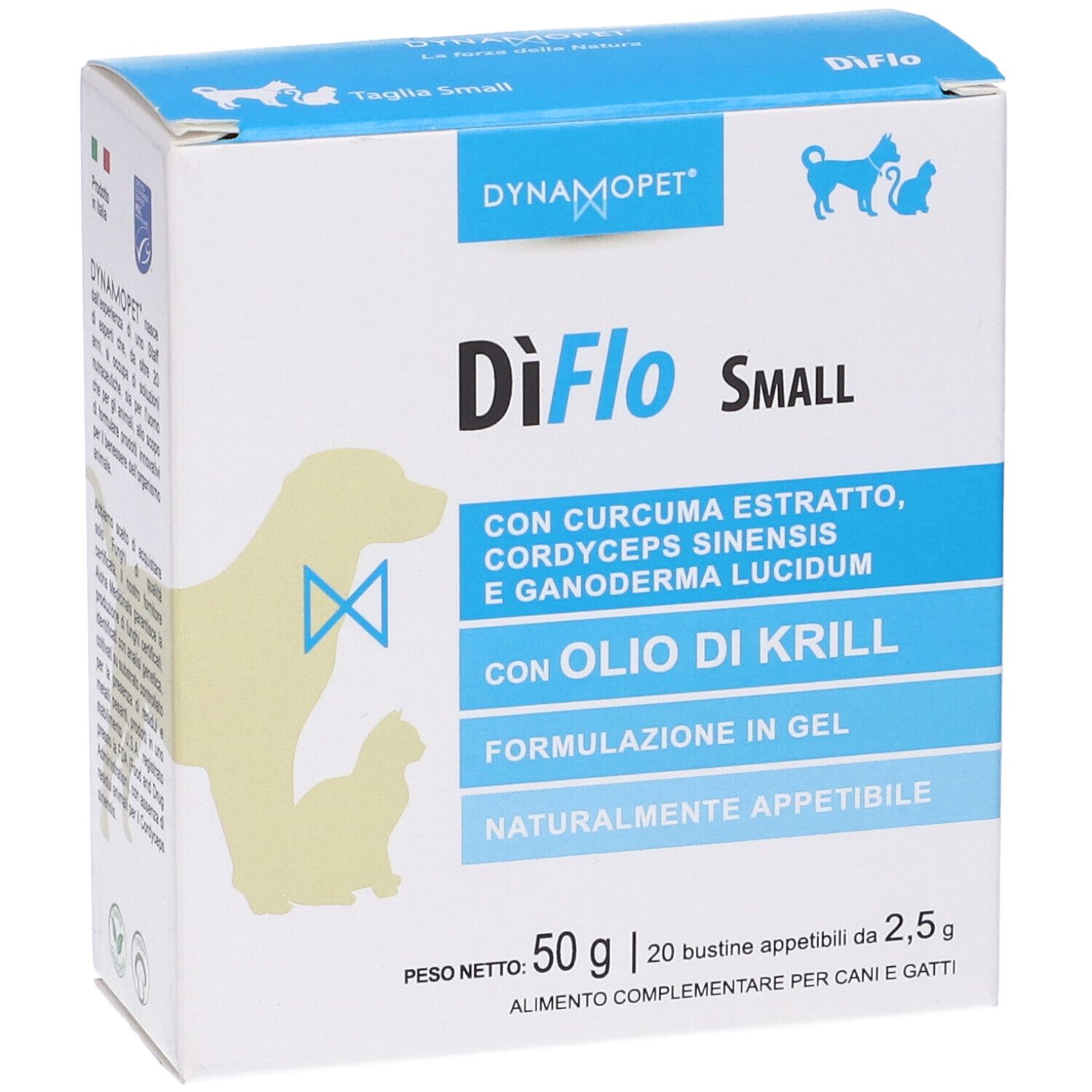 Scatola DiFlo Small. Contiene estratto di curcuma, olio di krill. Per cani e gatti. Marchio Dynamopet. 20 bustine, 50g.