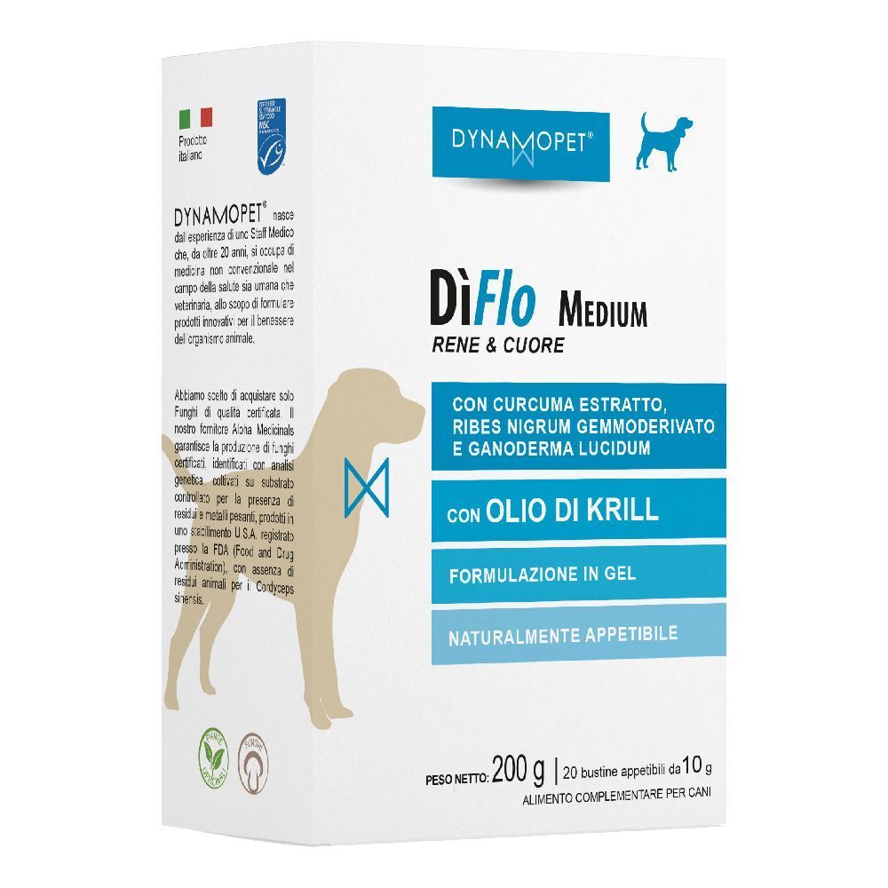 Confezione di DiFlo Medium. Contiene 20 bustine. Con curcuma, olio di krill. Marchio: Dynamopet. Per cani.