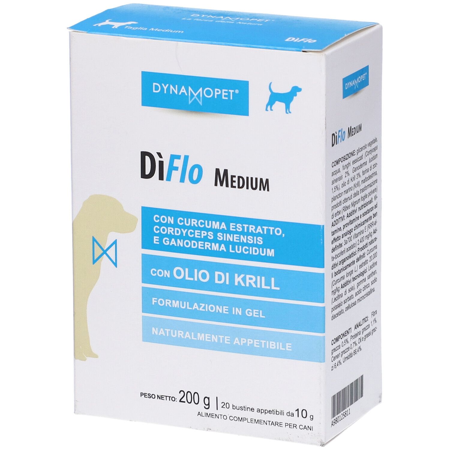 Confezione di DiFlo Medium. Contiene 20 bustine. Con curcuma, cordyceps e olio di krill. Marchio: Dynamopet. Per cani.