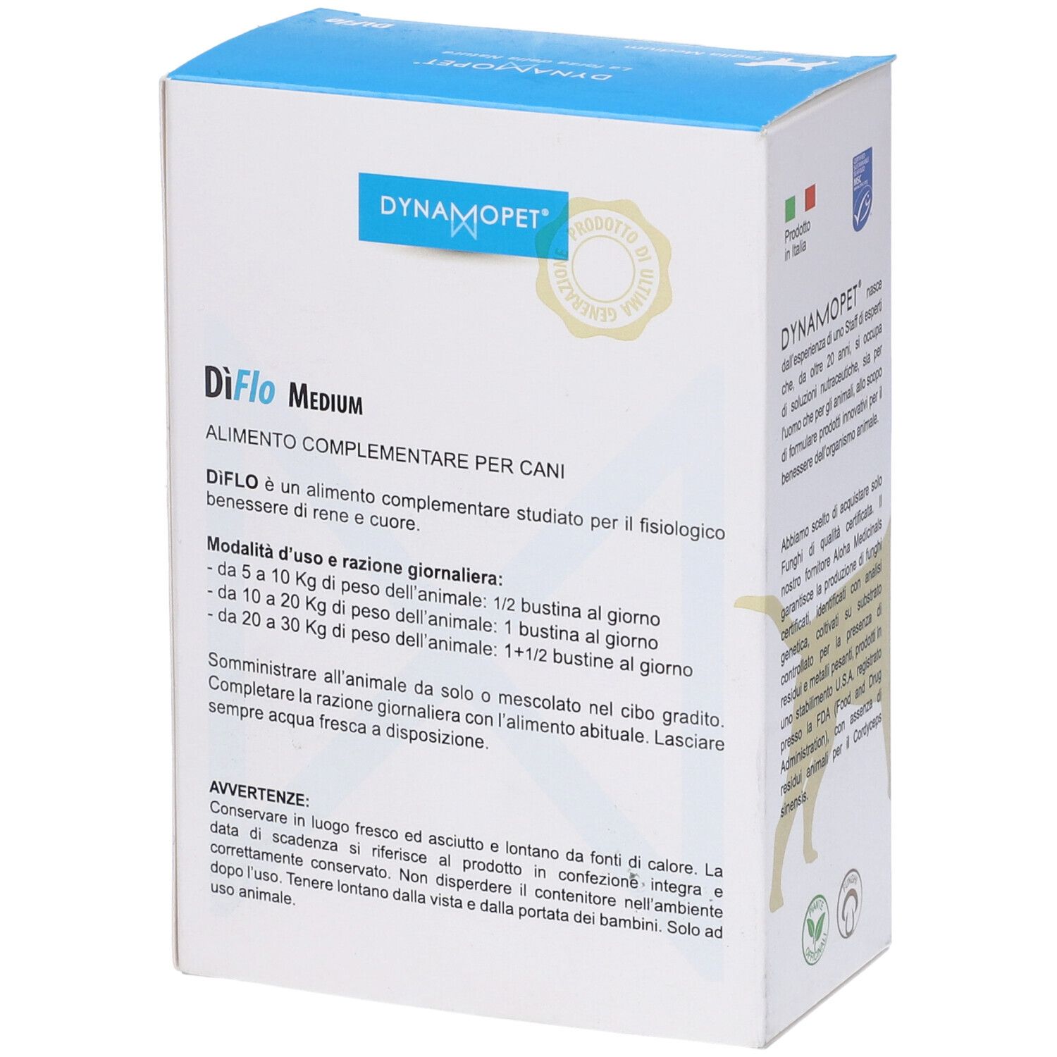 Confezione di DiFlo Medium. Contiene 20 bustine. Con curcuma, cordyceps e olio di krill. Marchio: Dynamopet. Per cani.