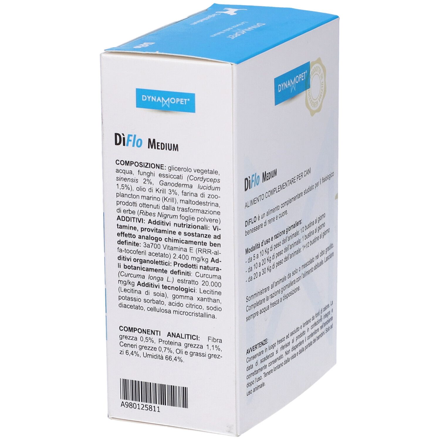 Retro della confezione di DiFlo Medium. Informazioni su ingredienti e dosaggio. Marchio: Dynamopet. Per cani.