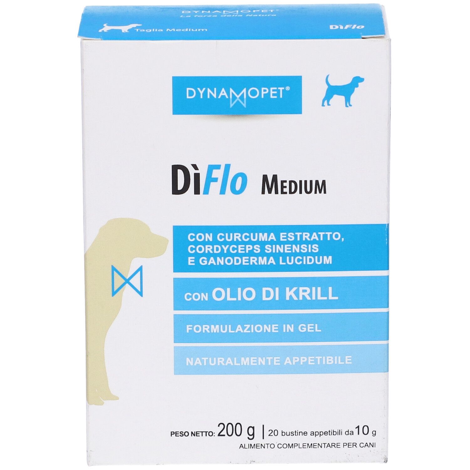 Retro della confezione di DiFlo Medium. Informazioni su ingredienti e dosaggio. Marchio: Dynamopet. Per cani.