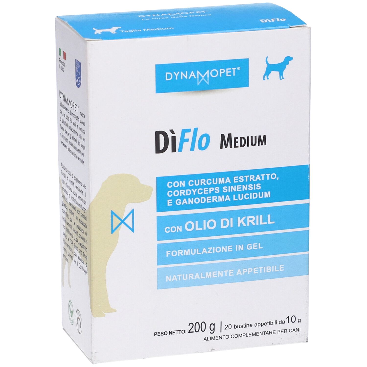 Confezione di DiFlo Medium. Contiene 20 bustine. Con curcuma, cordyceps e olio di krill. Marchio: Dynamopet. Per cani.