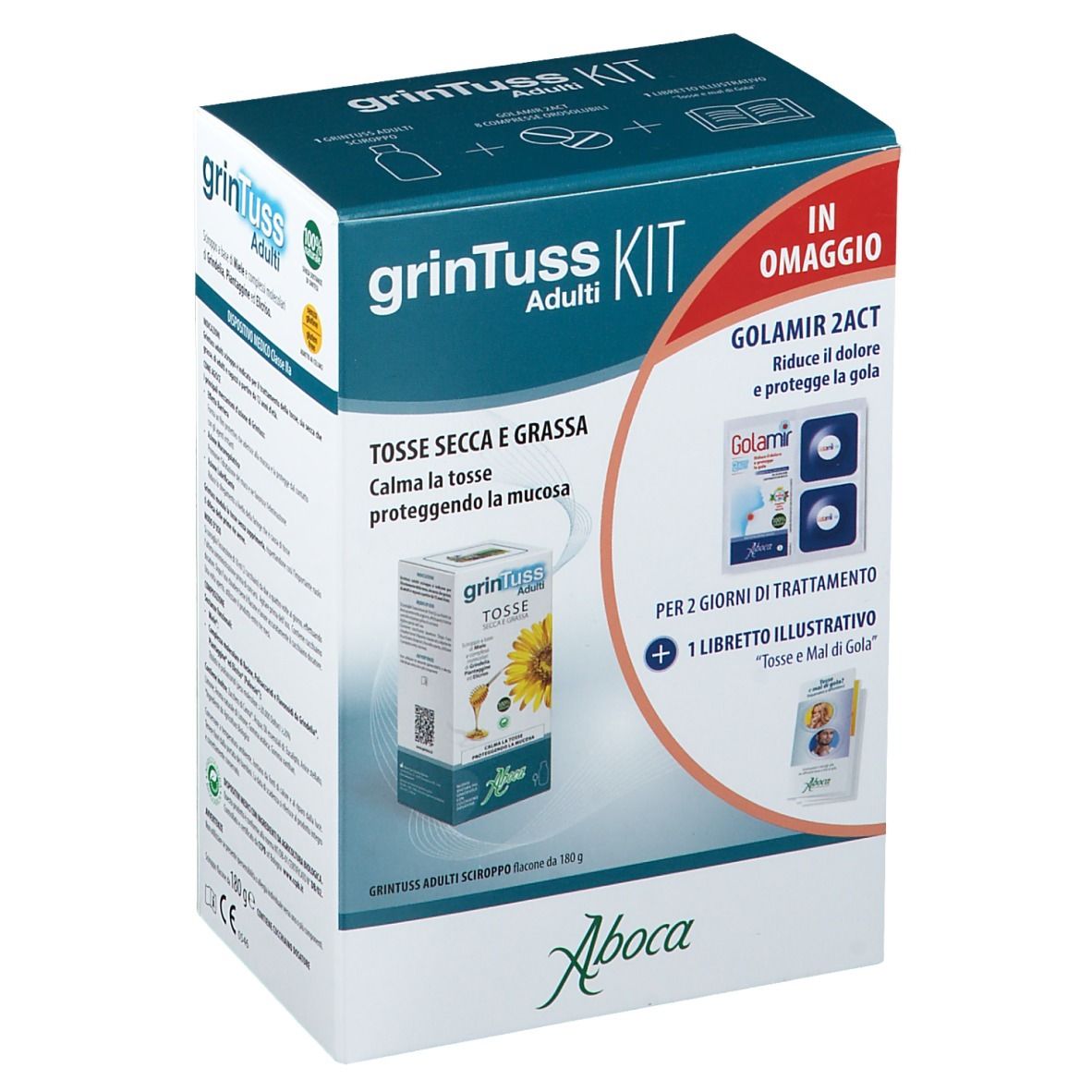 Scatola GrinTuss Kit Adulti. Contiene sciroppo per la tosse e Golamir 2Act. Include: libretto illustrativo e omaggio.