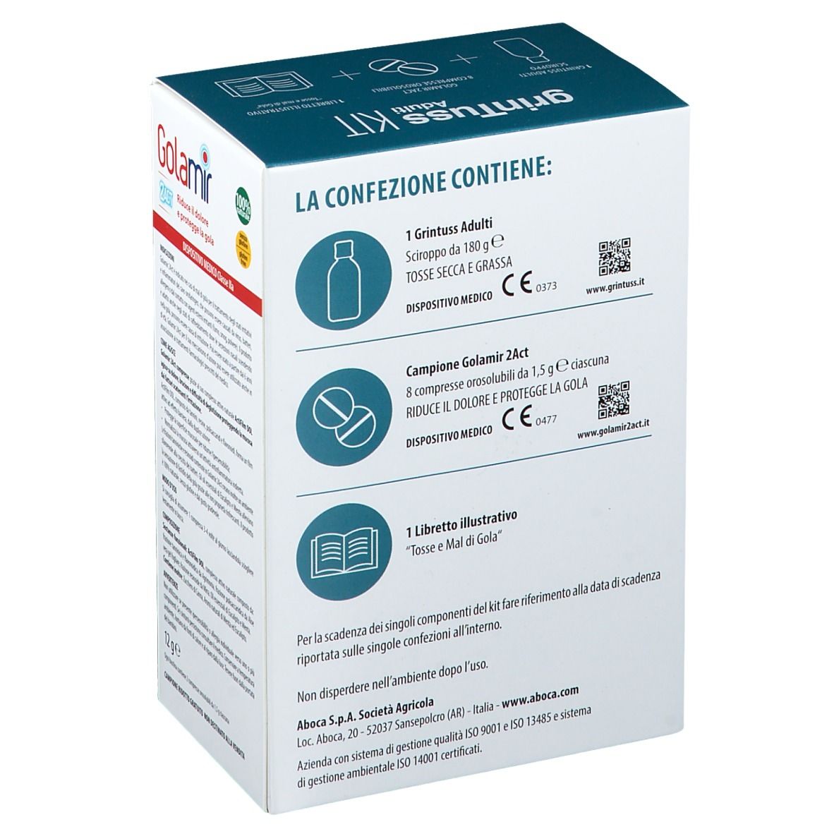 Retro della confezione GrinTuss Kit Adulti. Contiene informazioni sui prodotti inclusi e i loro ingredienti.