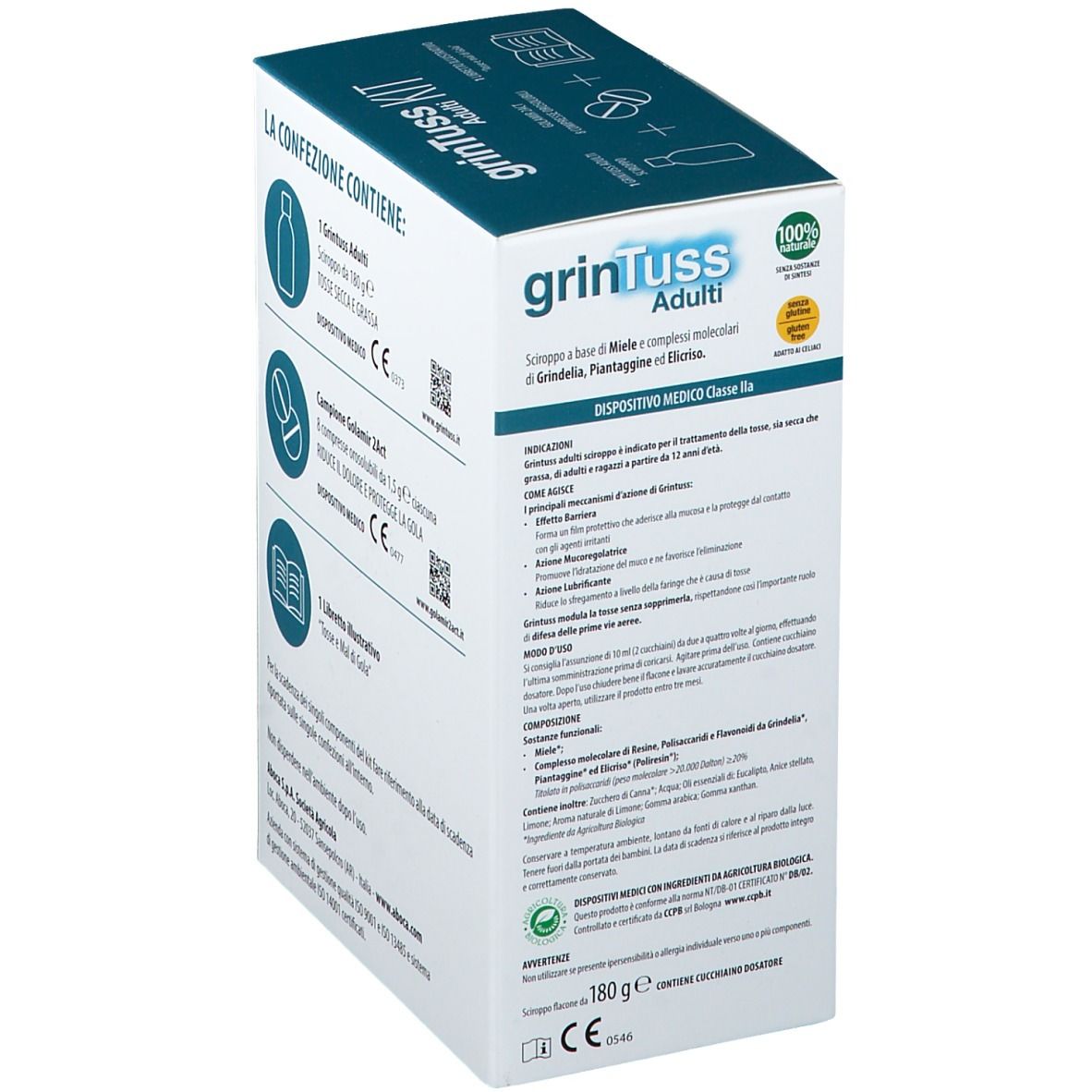 Vista laterale della confezione GrinTuss Kit Adulti. Contiene informazioni sui prodotti inclusi e i loro ingredienti.