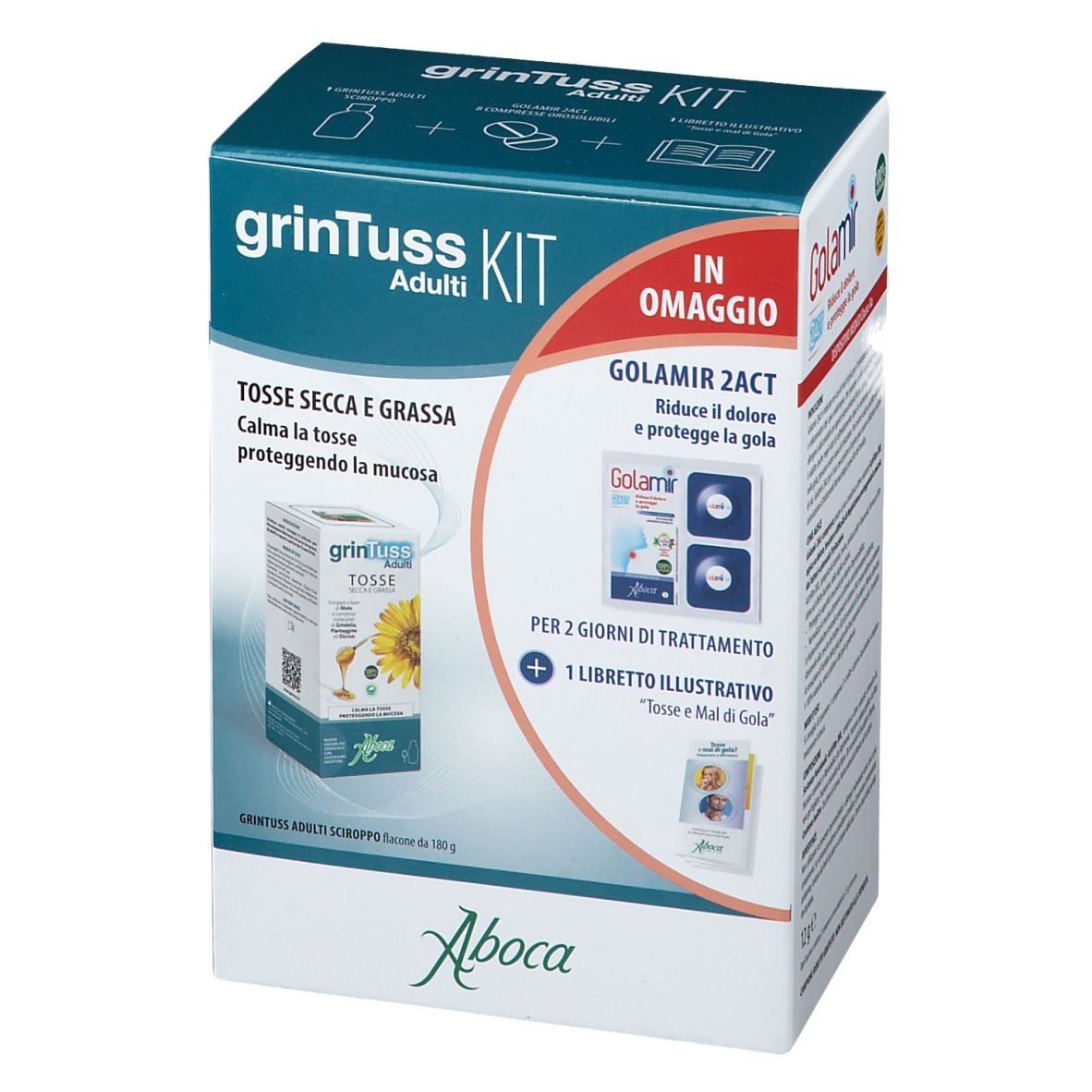 Vista frontale della confezione GrinTuss Kit Adulti. Contiene sciroppo per la tosse e Golamir 2Act. Include: brochure.