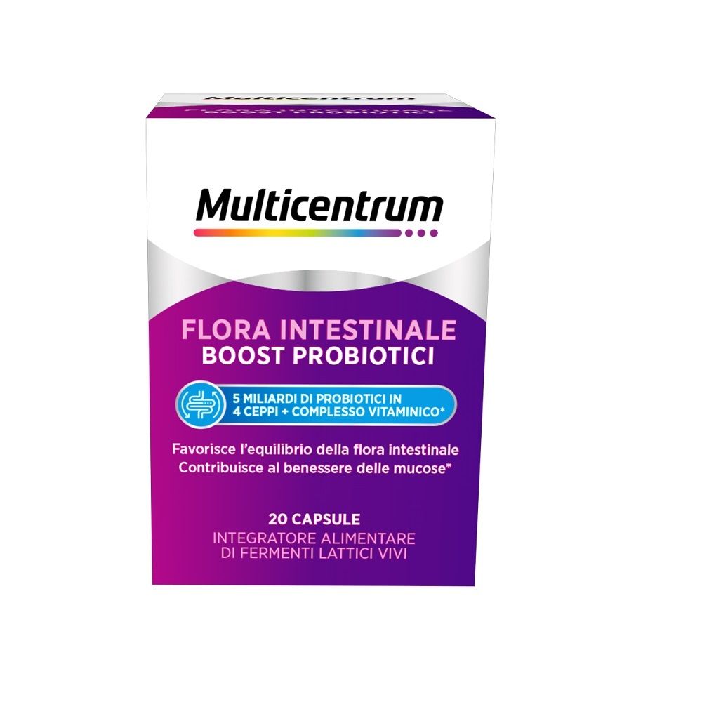Scatola di Multicentrum® Duobiotic®. Scritto: Flora Intestinale Boost Probiotici. 20 capsule.
