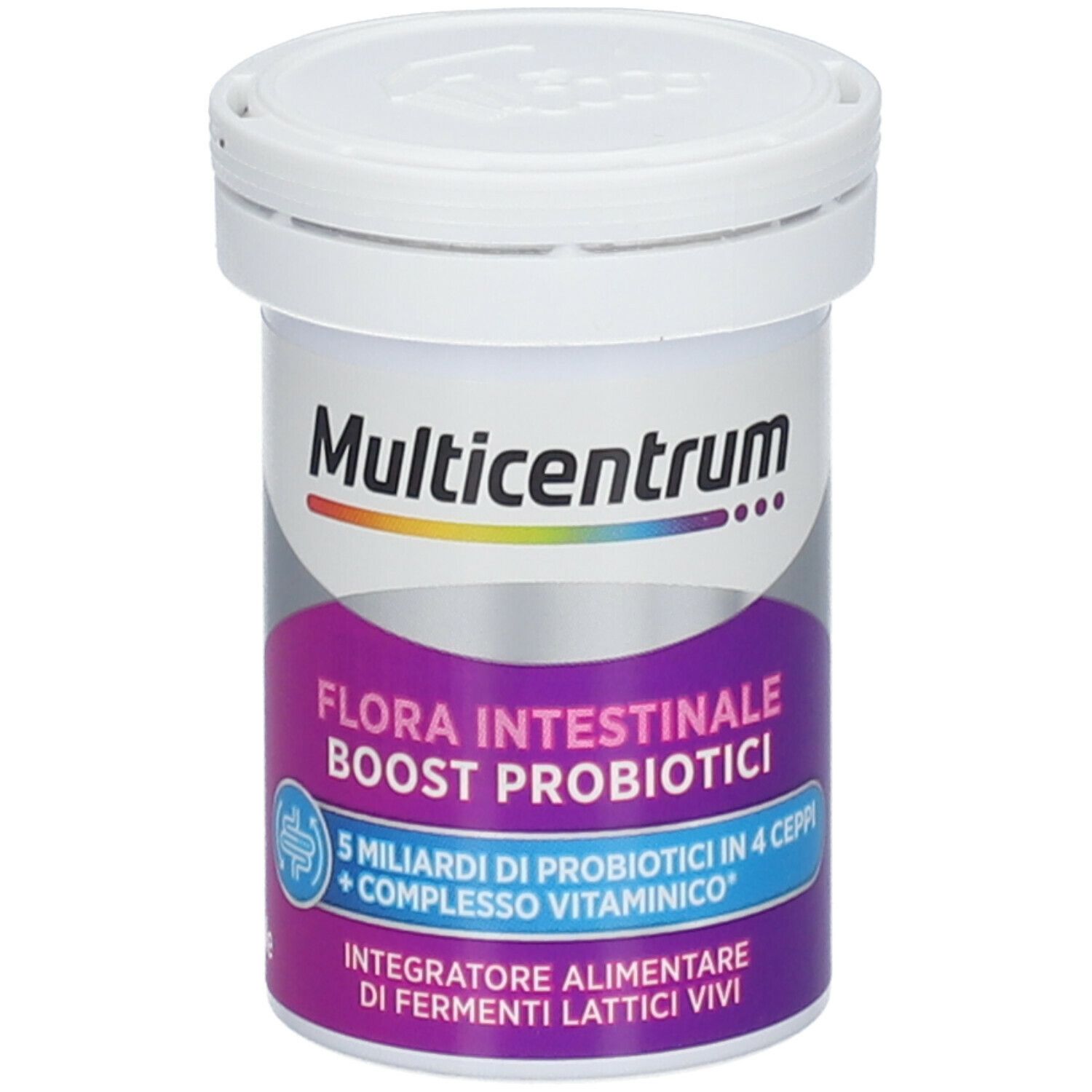 Contenitore di Multicentrum® con coperchio. Scritto: Flora Intestinale Boost Probiotici. 20 capsule.
