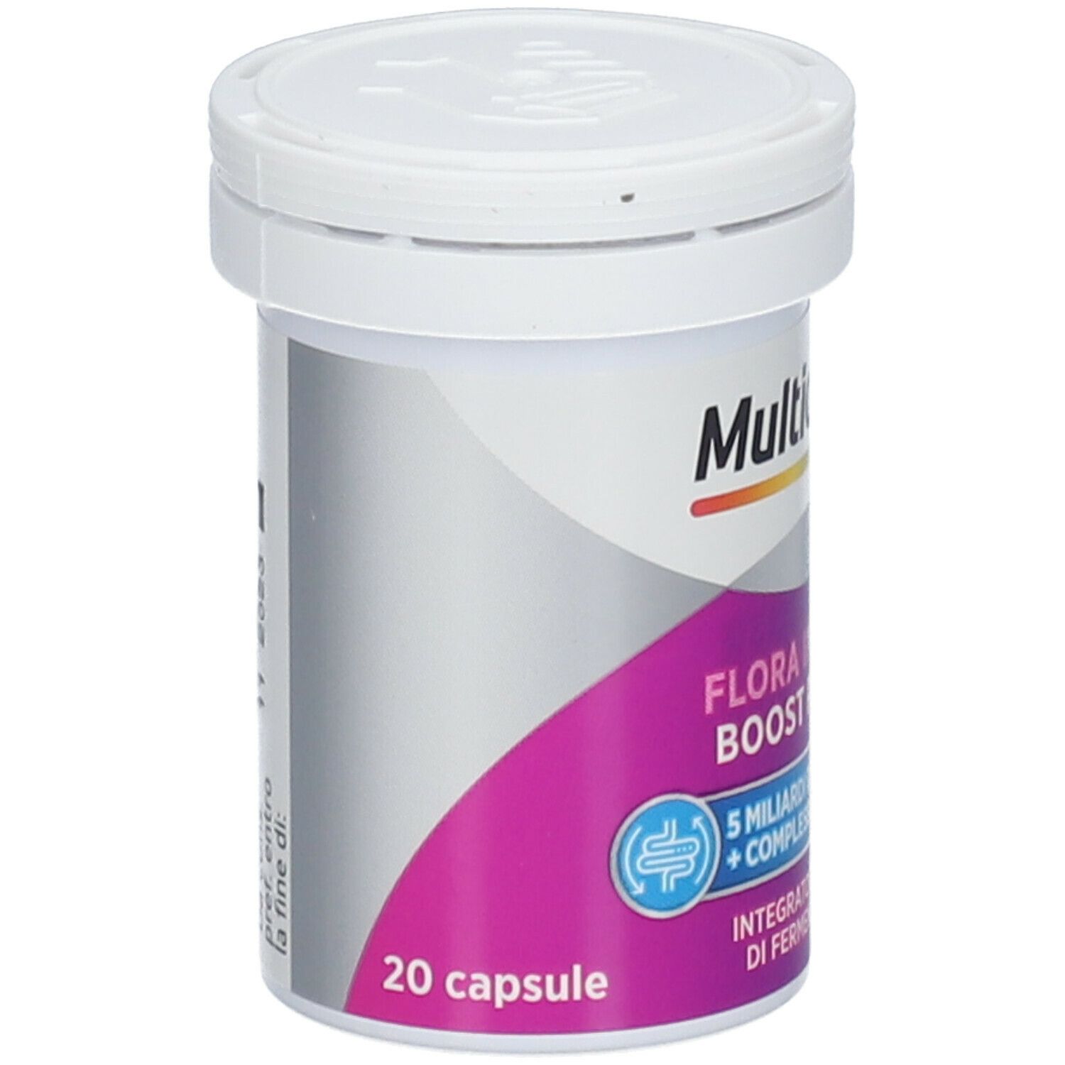 Contenitore di Multicentrum® con coperchio. Scritto: Flora Intestinale Boost Probiotici. 20 capsule.