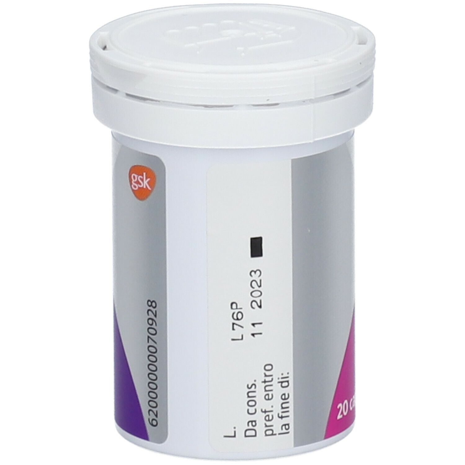 Contenitore di Multicentrum® con coperchio. Scritto: Flora Intestinale Boost Probiotici. 20 capsule.