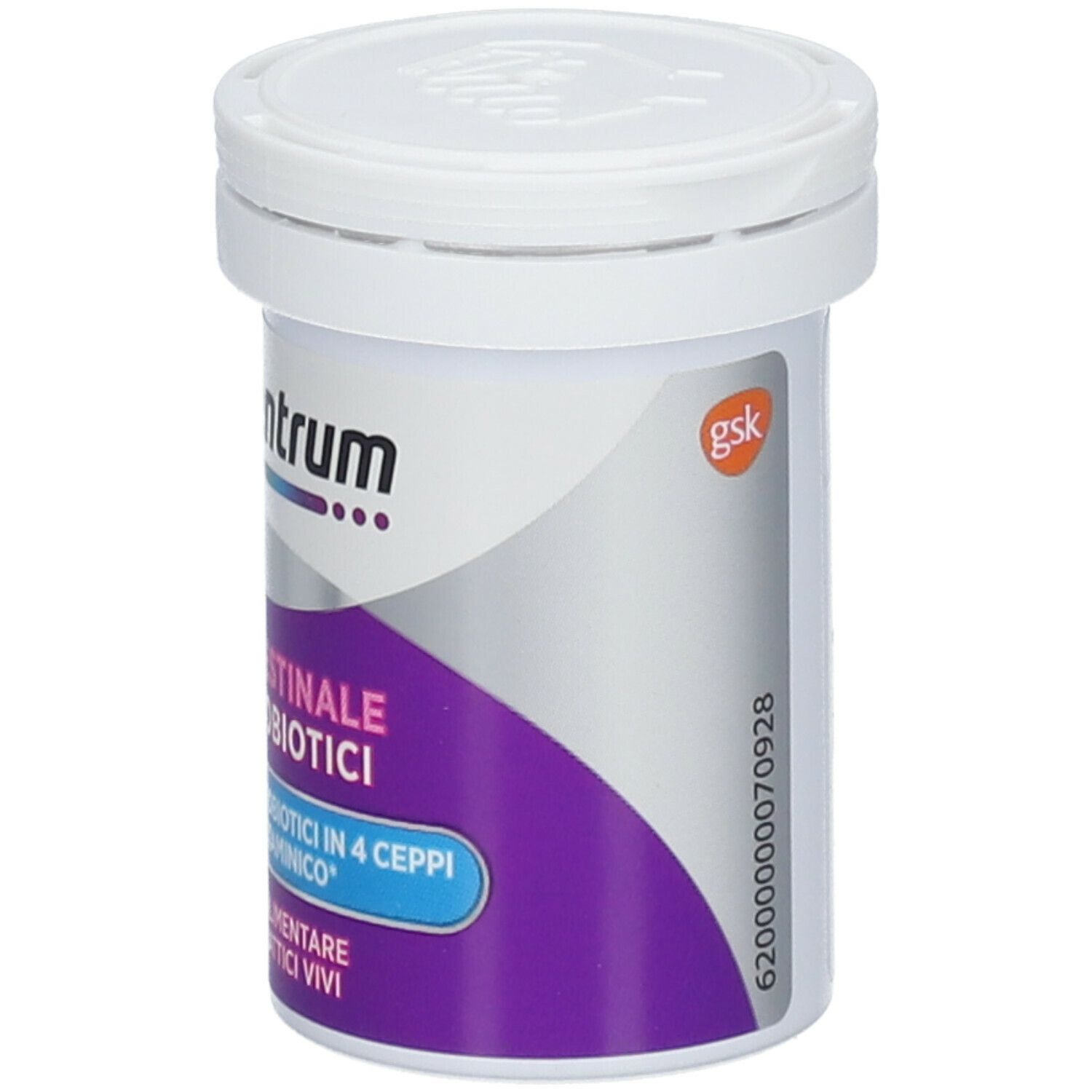 Contenitore di Multicentrum® con coperchio. Scritto: Flora Intestinale Boost Probiotici. 20 capsule.