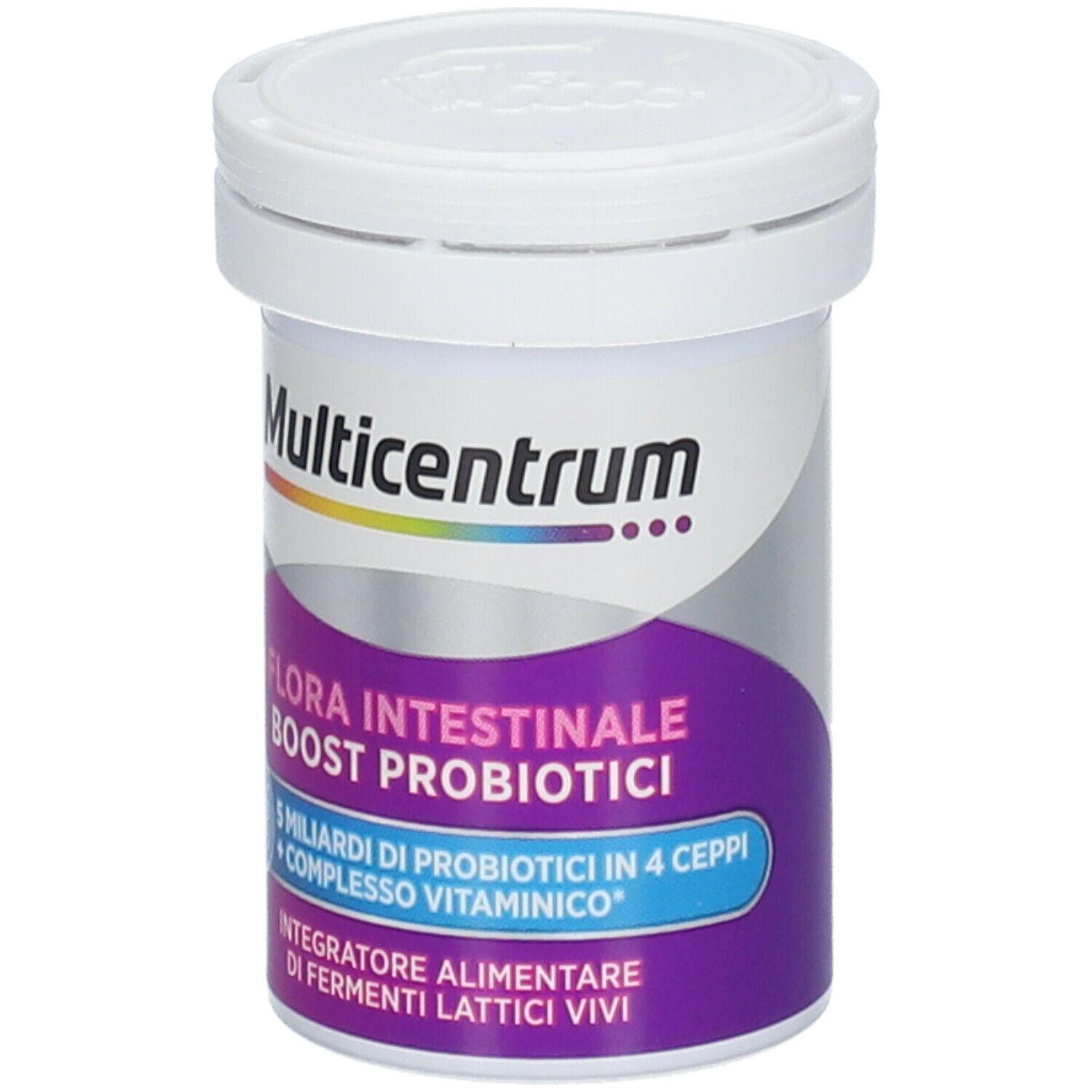Contenitore di Multicentrum® con coperchio. Scritto: Flora Intestinale Boost Probiotici. 20 capsule.