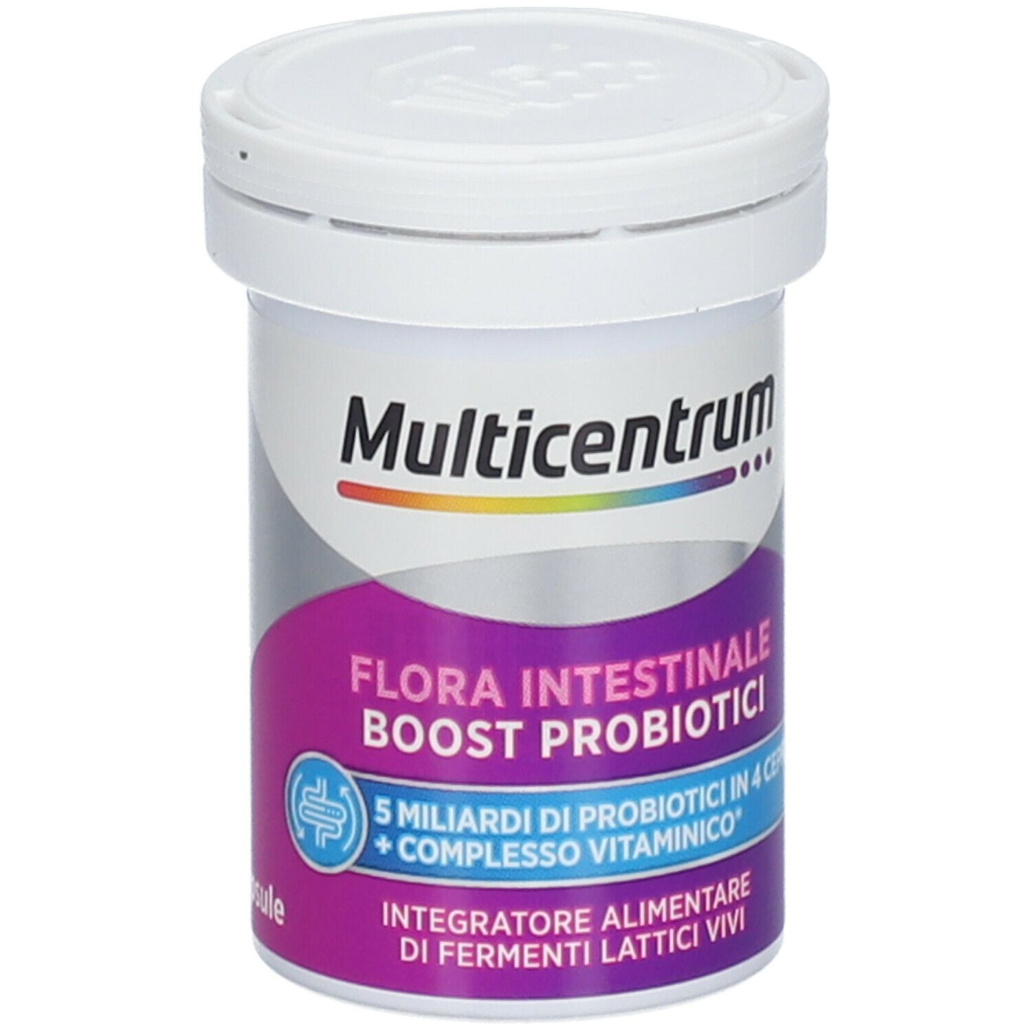 Contenitore di Multicentrum® con coperchio. Scritto: Flora Intestinale Boost Probiotici. 20 capsule.