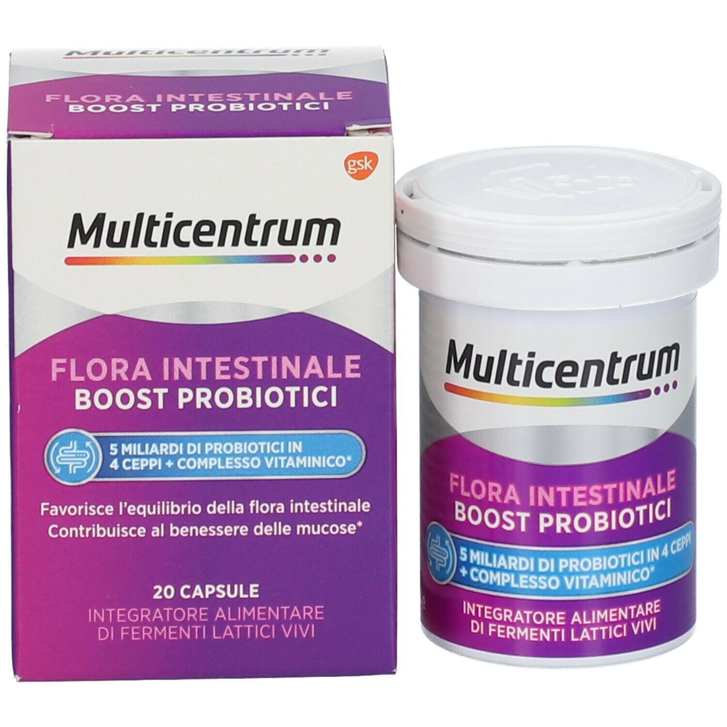 Confezione e contenitore Multicentrum®. Scritto: Flora Intestinale Boost Probiotici. 20 capsule.