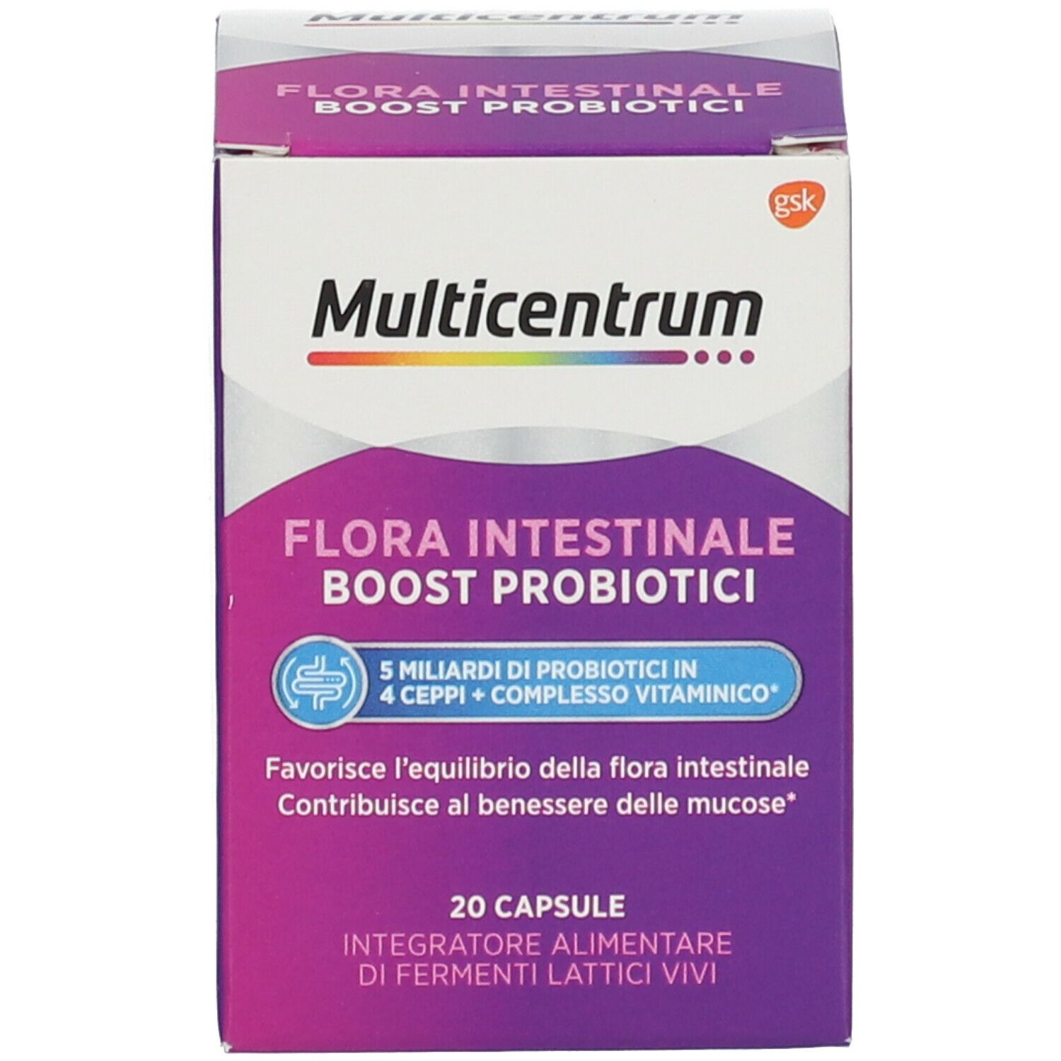 Scatola di Multicentrum®. Scritto: Flora Intestinale Boost Probiotici. 20 capsule.