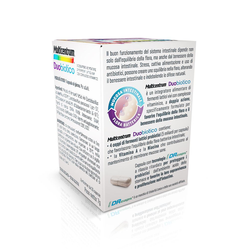 Confezione Multicentrum® Duobiotic®. Testo: 4 ceppi batteri lattici, complesso vitaminico. Tecnologia capsule.
