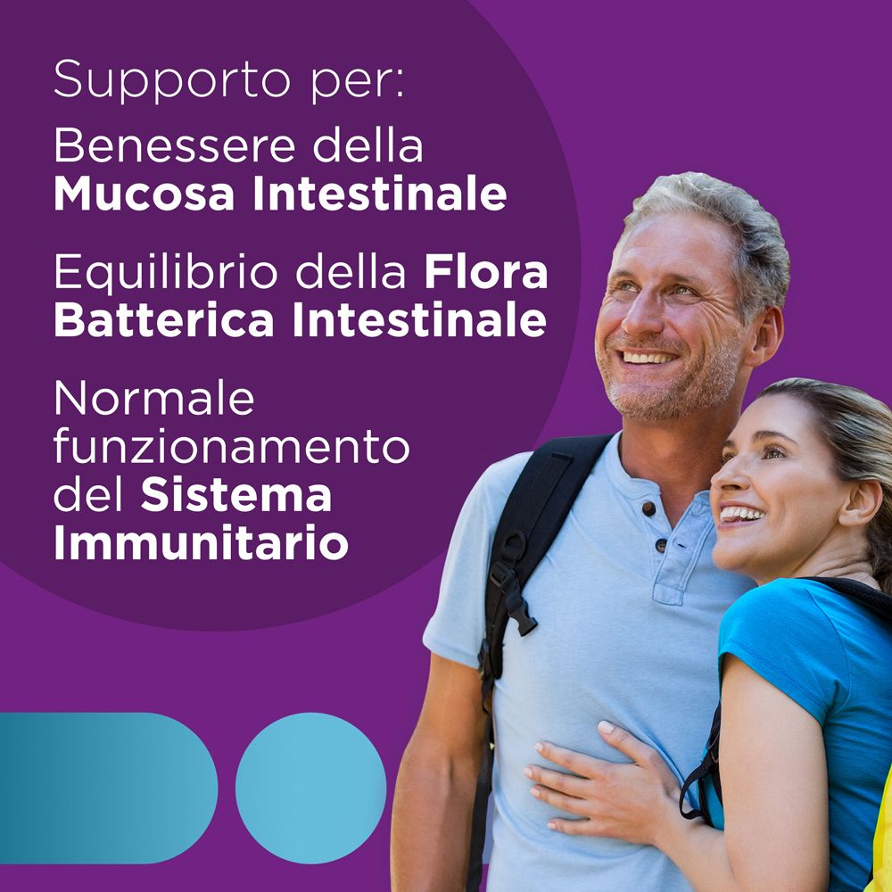 Coppia all'aperto. Testo: Supporto per: Benessere della mucosa intestinale, equilibrio della flora batterica, normale funzione immunitaria.