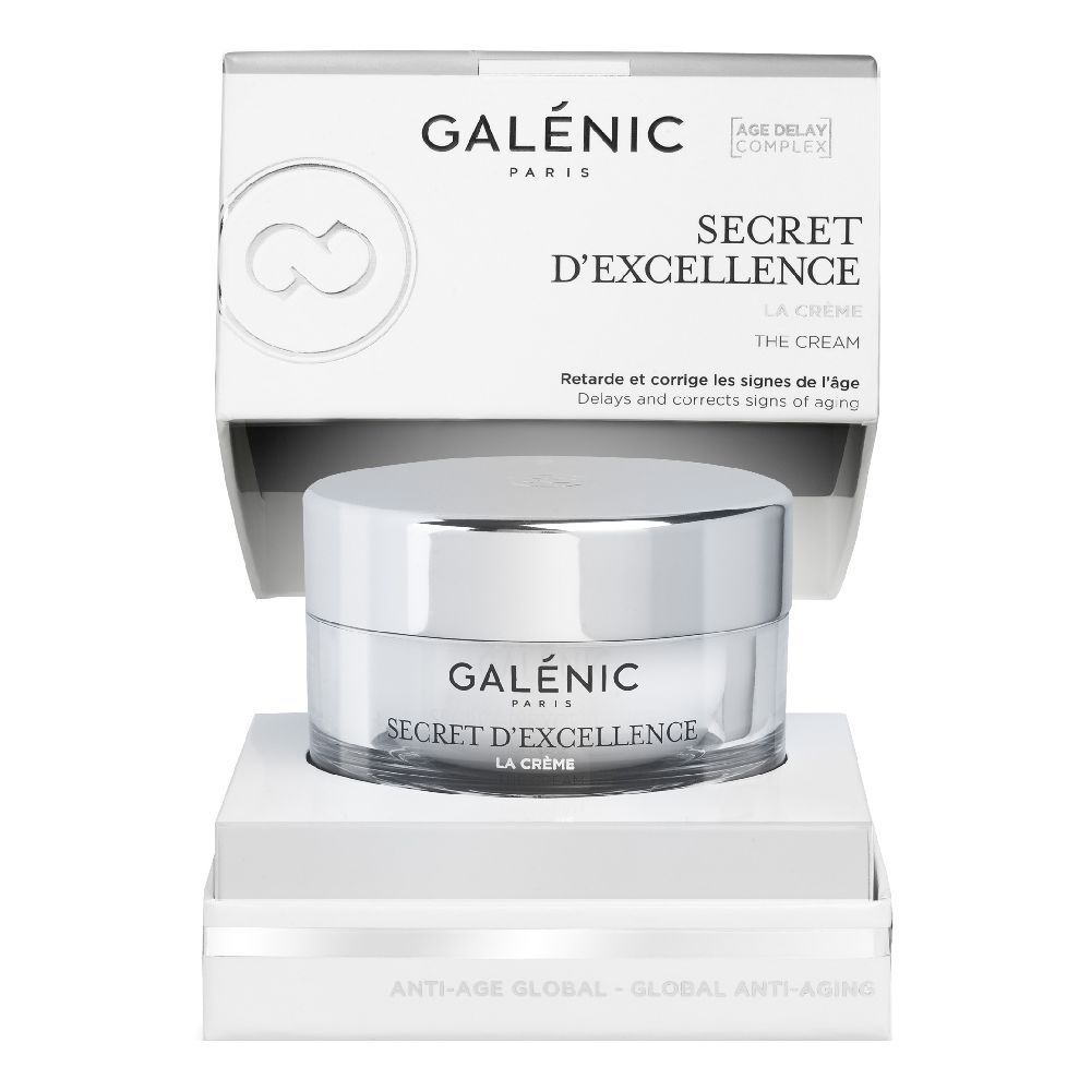 Vaso di crema e confezione. Scritta: GALÉNIC SECRET D'EXCELLENCE La Crème. Prodotto anti-età.