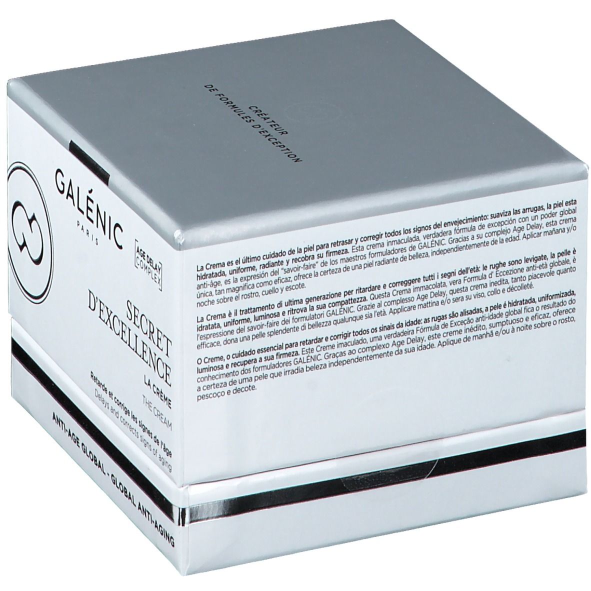 Confezione. Scritta: GALÉNIC SECRET D'EXCELLENCE La Crème. Prodotto anti-età. Scatola argentata.