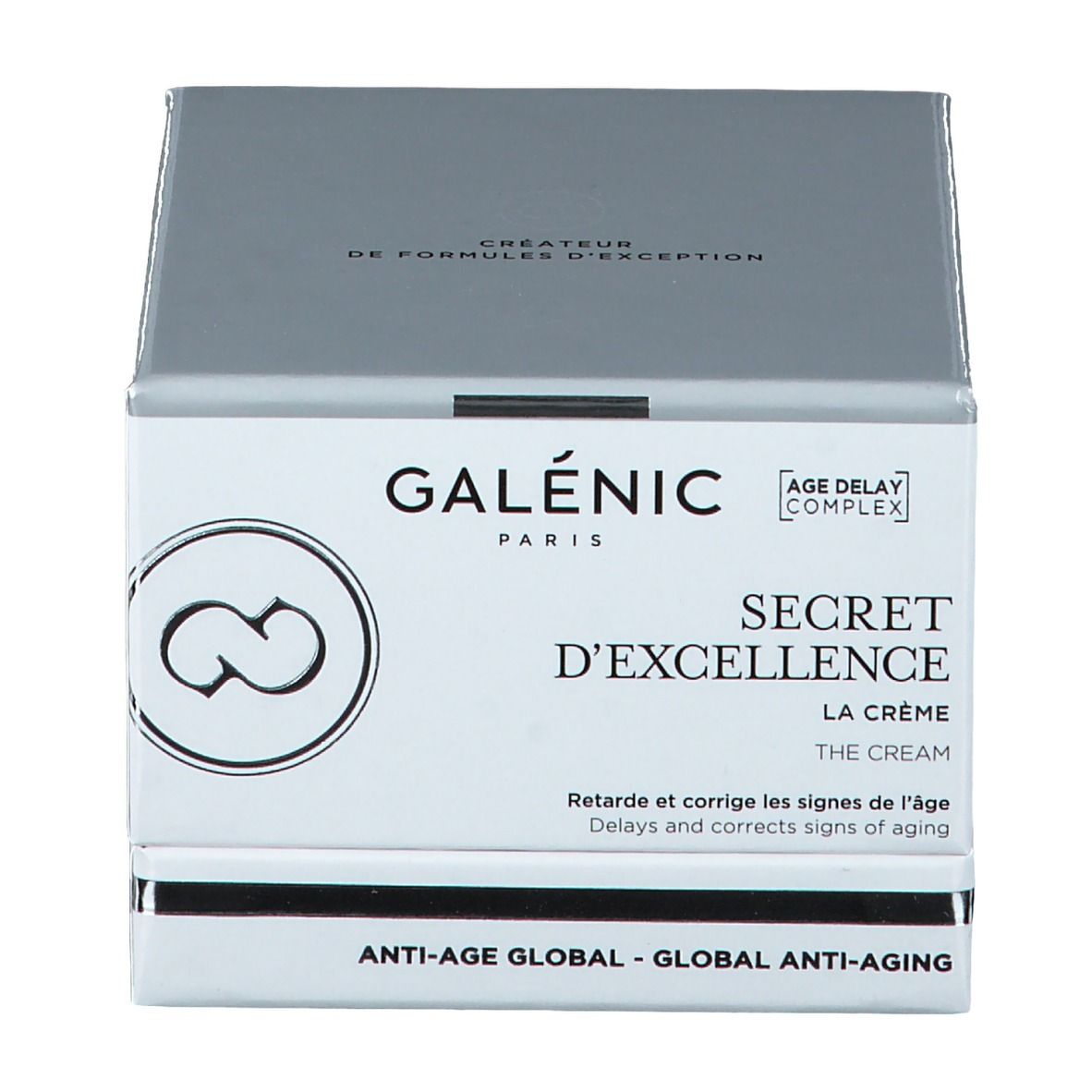 Confezione. Scritta: GALÉNIC SECRET D'EXCELLENCE La Crème. Prodotto anti-età. Scatola argentata.