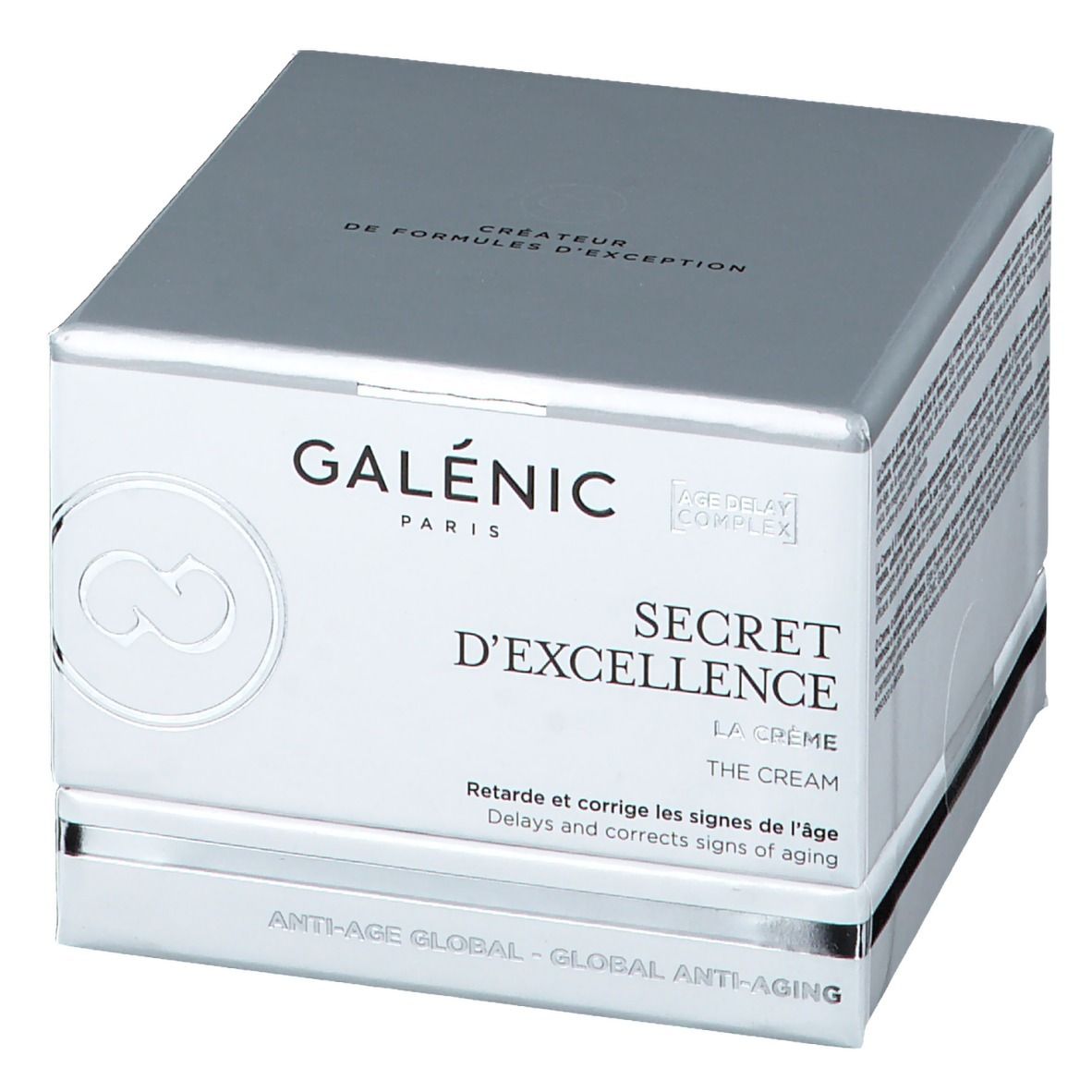 Confezione. Scritta: GALÉNIC SECRET D'EXCELLENCE La Crème. Prodotto anti-età. Scatola argentata.