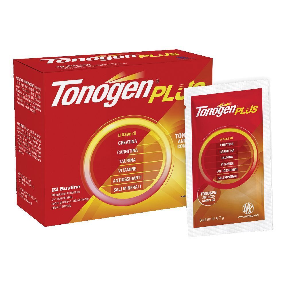 Confezione e bustina Tonogen Plus. Scatola rossa con nome e ingredienti. Bustina con nome del prodotto.
