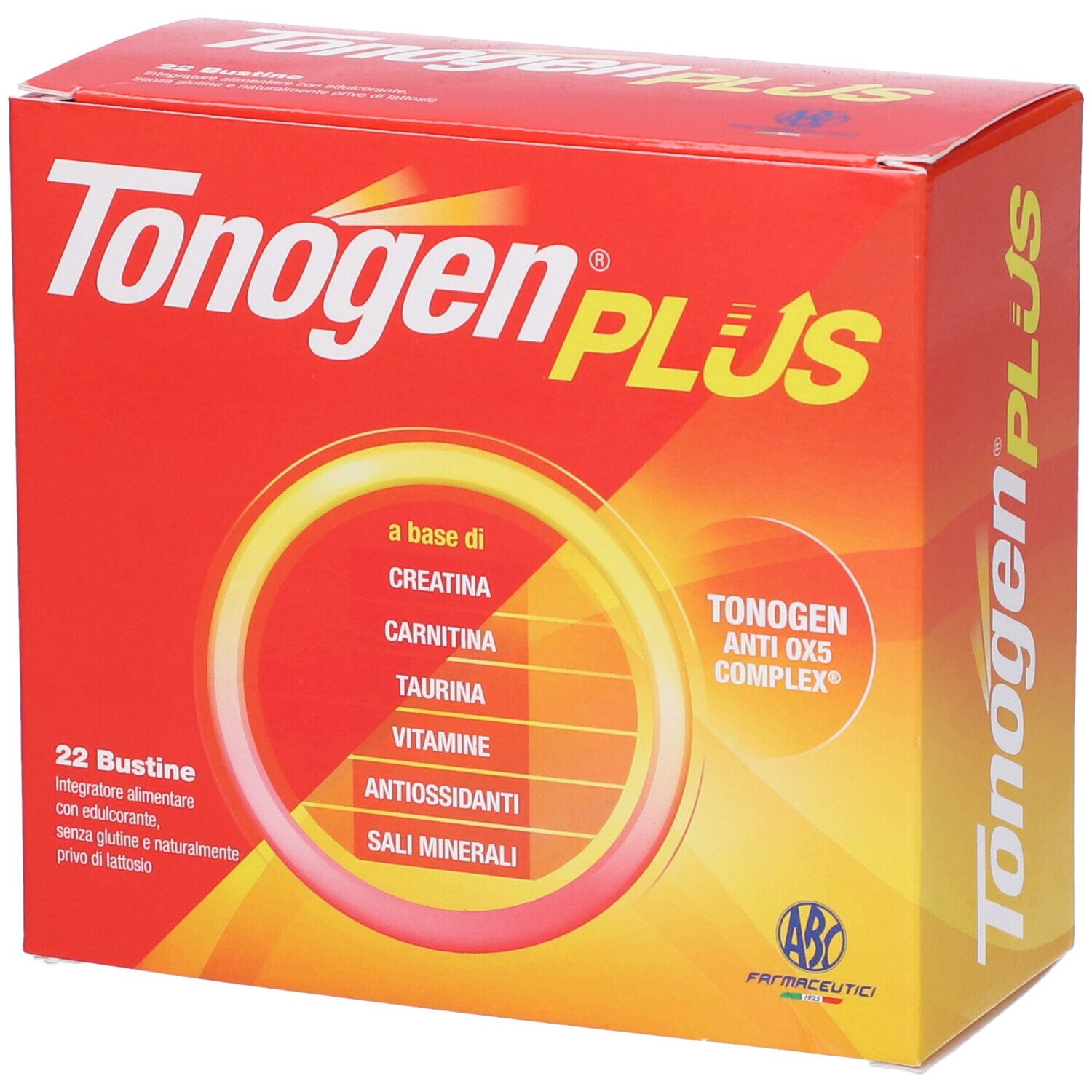 Scatola rossa Tonogen Plus. Nome e ingredienti sul fronte. 22 bustine, senza glutine, senza lattosio.