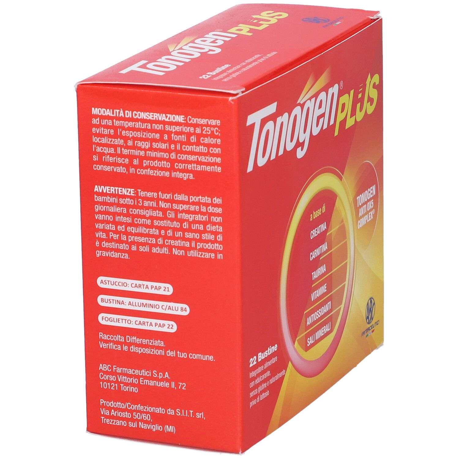 Scatola rossa Tonogen Plus. Nome e ingredienti sul fronte. 22 bustine, senza glutine, senza lattosio.