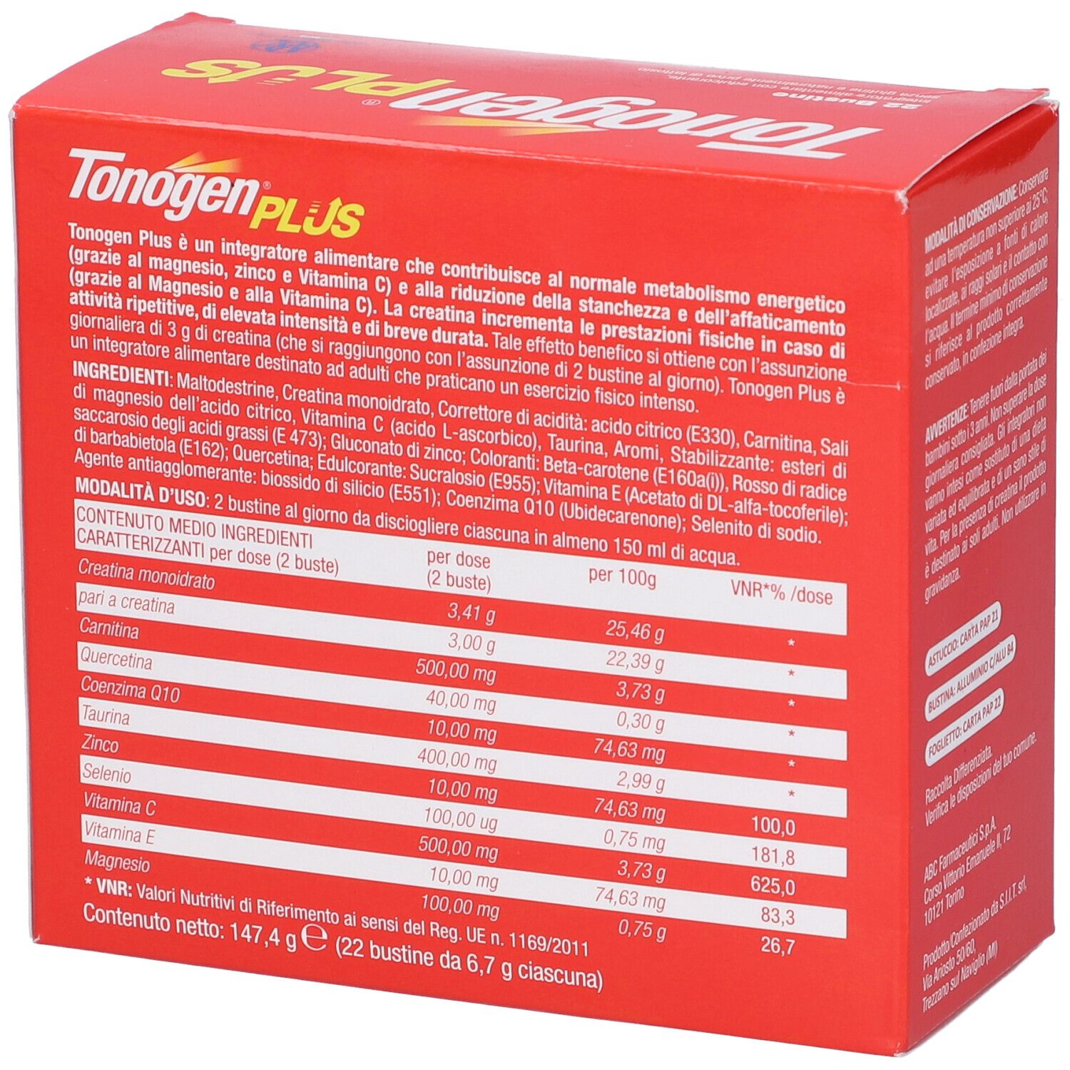 Scatola rossa Tonogen Plus. Nome e ingredienti sul fronte. 22 bustine, senza glutine, senza lattosio.