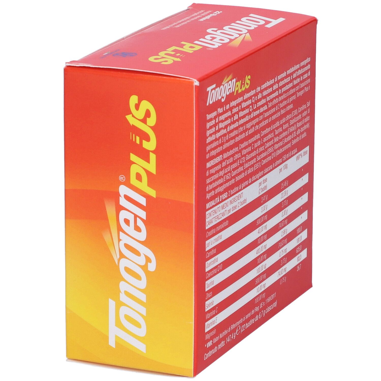 Scatola rossa Tonogen Plus. Nome e ingredienti sul fronte. 22 bustine, senza glutine, senza lattosio.