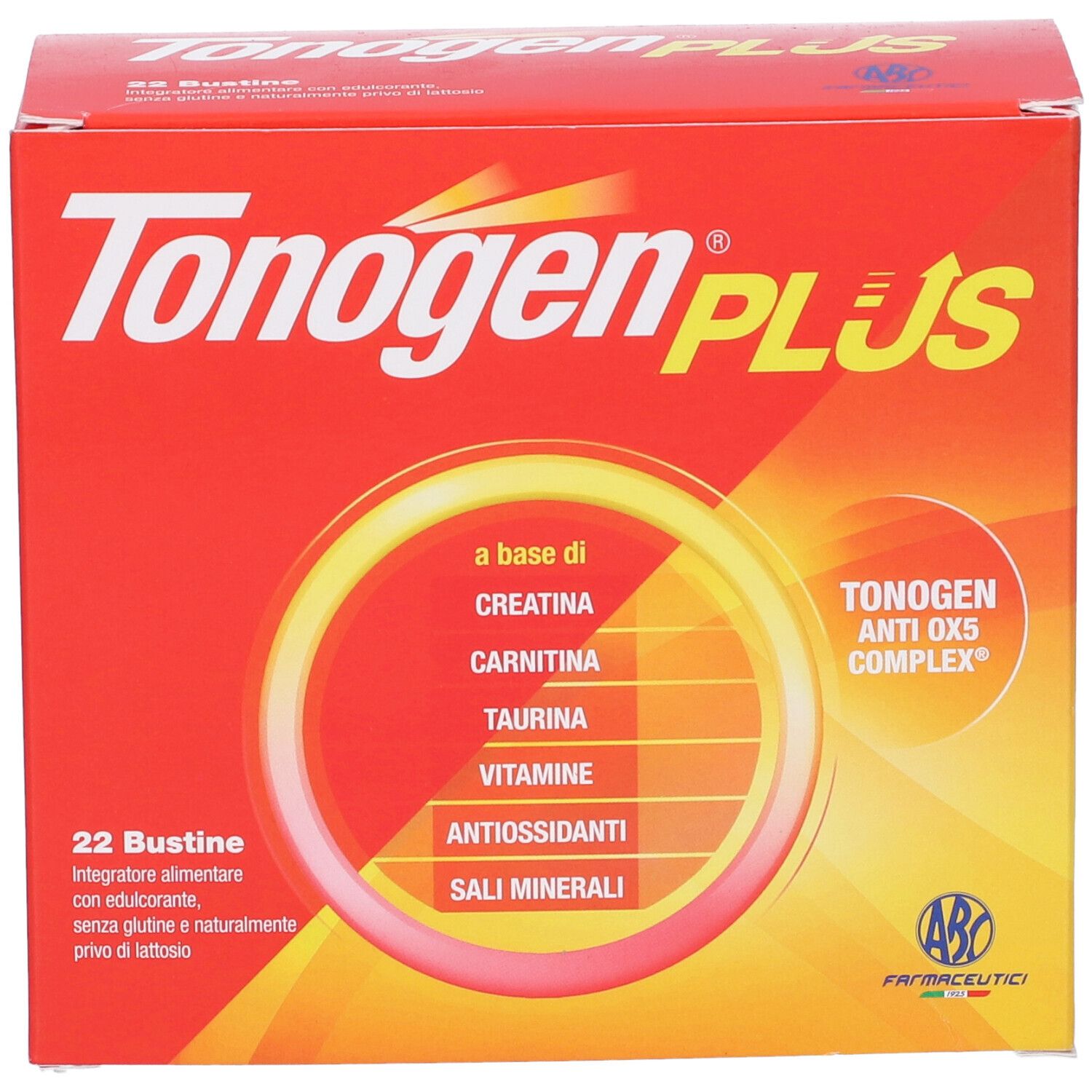 Scatola rossa Tonogen Plus. Nome e ingredienti sul fronte. 22 bustine, senza glutine, senza lattosio.