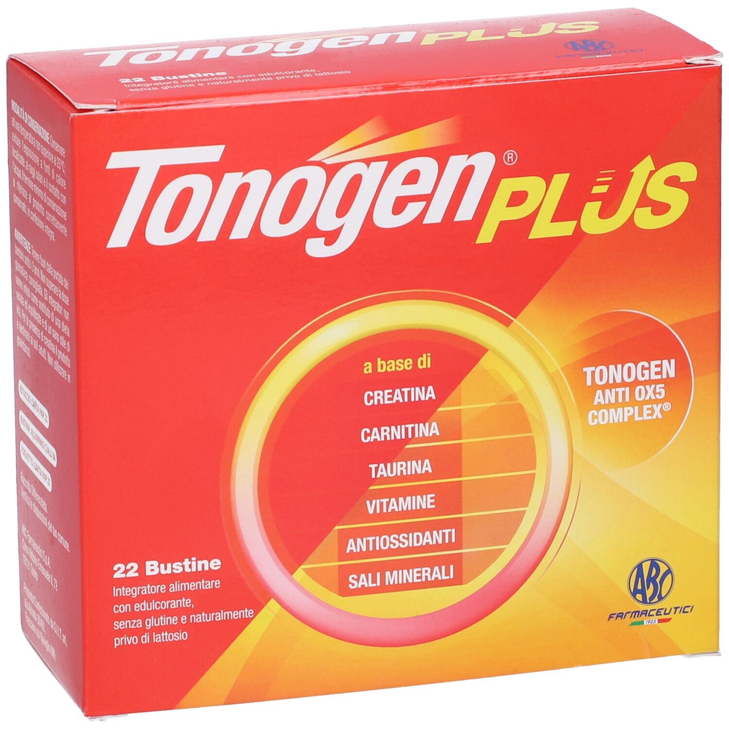 Scatola rossa Tonogen Plus. Nome e ingredienti sul fronte. 22 bustine, senza glutine, senza lattosio.