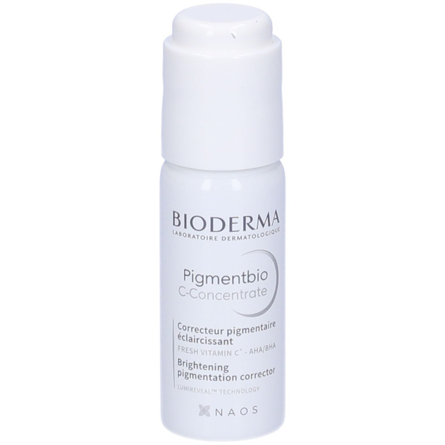 BIODERMA Pigmentbio C-Concentrate. Flacone bianco con dosatore. Informazioni prodotto.