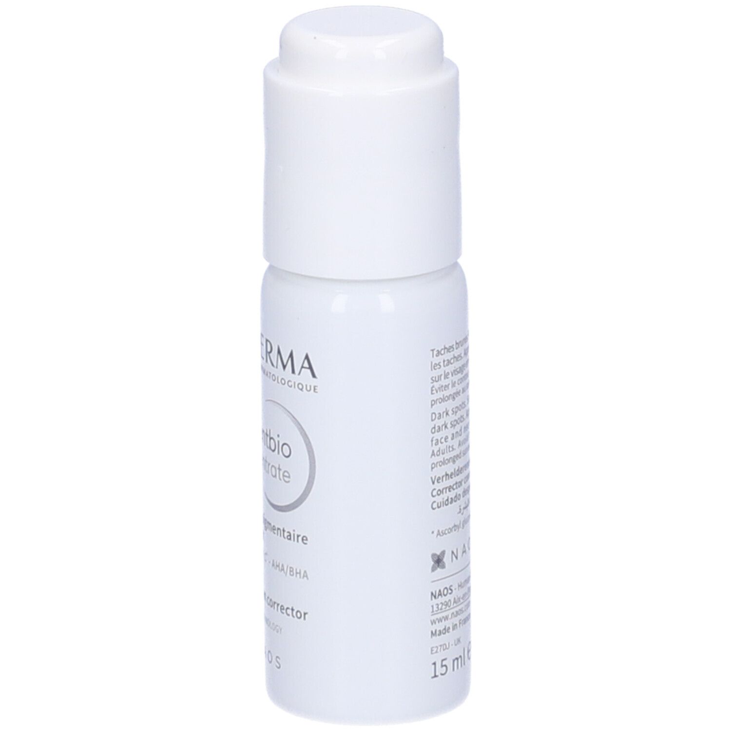 BIODERMA Pigmentbio C-Concentrate. Flacone bianco con dosatore. Informazioni prodotto.